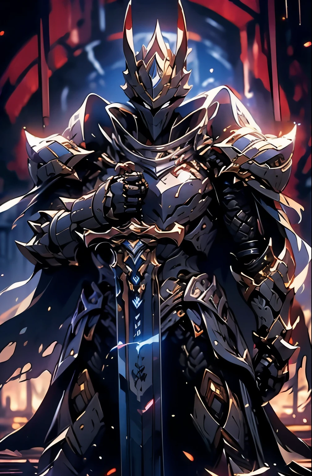 Monster knight, paladin black, five demon horn, dark aura, dark particleBlack Crusader, berseker Crusader, The torn fabric on his scarf and armor, torn like a tough knight,Dark , like elden ring, dark armor Scary and Badass armor, sharp armor has a monster-like shape, lots of blood on the armor, like an evil dark knight, kneeling pose doing a sword salute, Hd light and darknessHD lighting and dark )<=(epic image quality)dark atmosphere with bright particle light(many effects in background