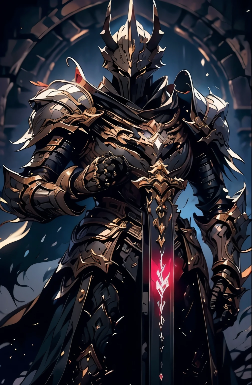 Monster knight, paladin black, five demon horn, dark aura, dark particleBlack Crusader, berseker Crusader, The torn fabric on his scarf and armor, torn like a tough knight,Dark , like elden ring, dark armor Scary and Badass armor, sharp armor has a monster-like shape, lots of blood on the armor, like an evil dark knight, kneeling pose doing a sword salute, Hd light and darknessHD lighting and dark )<=(epic image quality)dark atmosphere with bright particle light(many effects in background