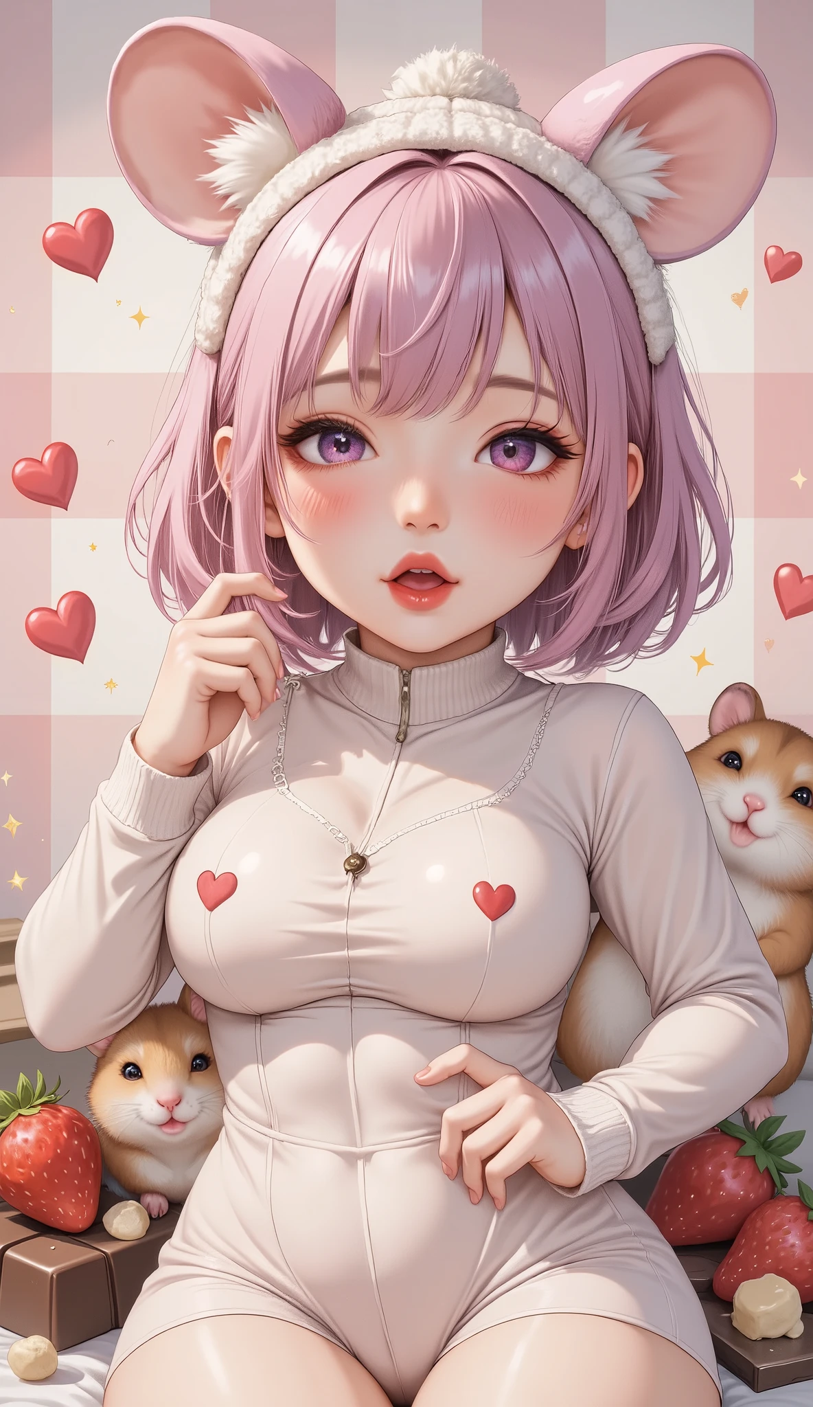  cute illustration ,Valentine&#39;s Day,(Hamako-chan  ,Hamster girl,(( light pink hair  : Bob:1.3),Cut your bangs ,Scandinavian style clothes and hat,Hamster ears), dynamic pose,((Hamster:1.3)There is a Hamster beside her:Sup er cute Hamster:Hamster anatomically correct),chocolate and strawberry, cute background ,Patchwork quilt,Nordic style,💖,✨,heart mark,flash