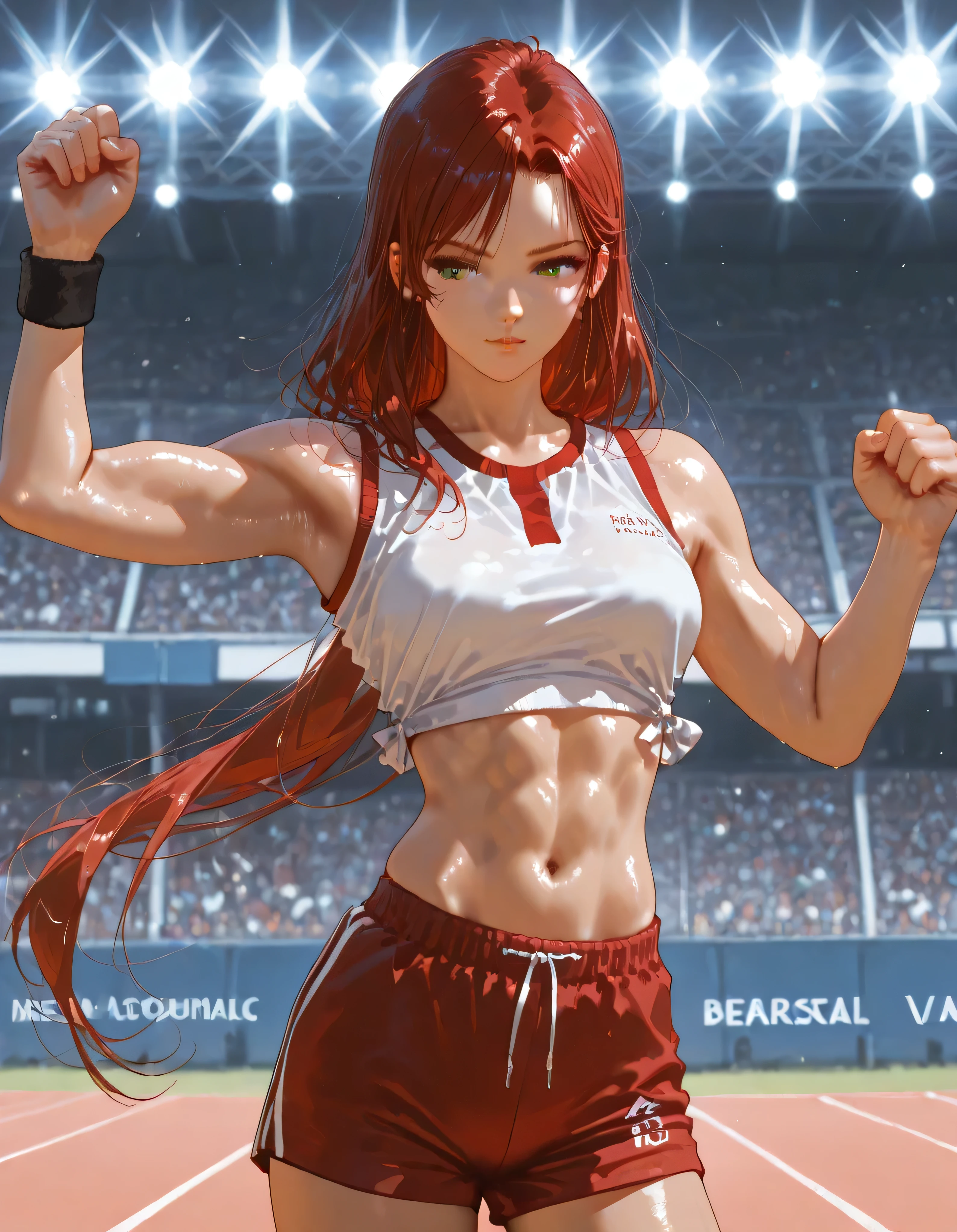 "a stunningly beautiful and athletic female high jumper, in peak physical condition, with toned muscles, long flowing hair, delicate facial features, striking green eyes, wearing a sleek red and white competition uniform with shorts and a crop top, preparing to jump at a major outdoor track and field event, dramatic lighting and blurred background of cheering crowd and stadium lights, photorealistic, highly detailed, 8k"