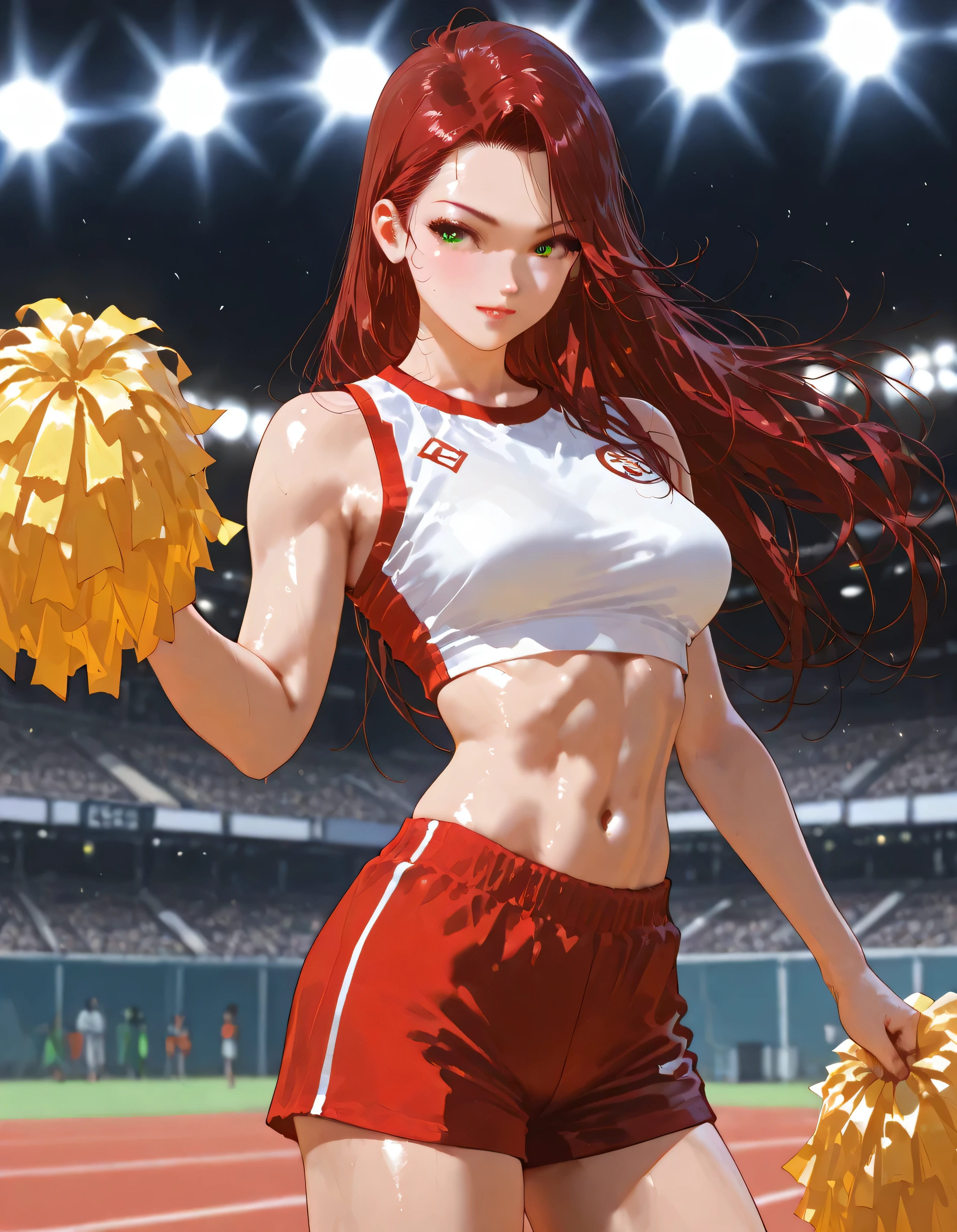"a stunningly beautiful and athletic female high jumper, in peak physical condition, with toned muscles, long flowing hair, delicate facial features, striking green eyes, wearing a sleek red and white competition uniform with shorts and a crop top, preparing to jump at a major outdoor track and field event, dramatic lighting and blurred background of cheering crowd and stadium lights, photorealistic, highly detailed, 8k"