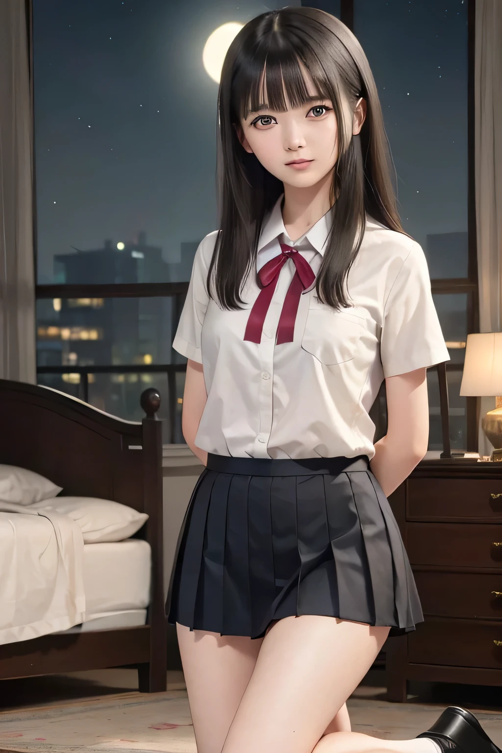 (masterpiece, Best Quality, 8K,Raw photo, High resolution:1.5), (1 girl, upper body, kneeling on the floor, Restrained girl, a girl is crying, arms behind back:1.6), (crying, sobbing, tearing, tearful, full-face blush, embarrassed, shyness), (dark background, night, indoor, moon light, bedroom, double bed:1.8), (Candid, Sophisticated, Thin arms, Narrow waist, Slim body, Slender girl:1.7), (Bokeh:1.7), (cleavage, small breasts:1.5), Beauty, (taken off shirt, Unbuttoned shirt, naked open shirt, school sailor uniform with red ribbon, serafuku, short sleeve shirt, Pleated miniskirt, slave metal collar, chained handcuff:1.9), (short two braids hair, black eyes:1.8), (forehead:1.7), japanese