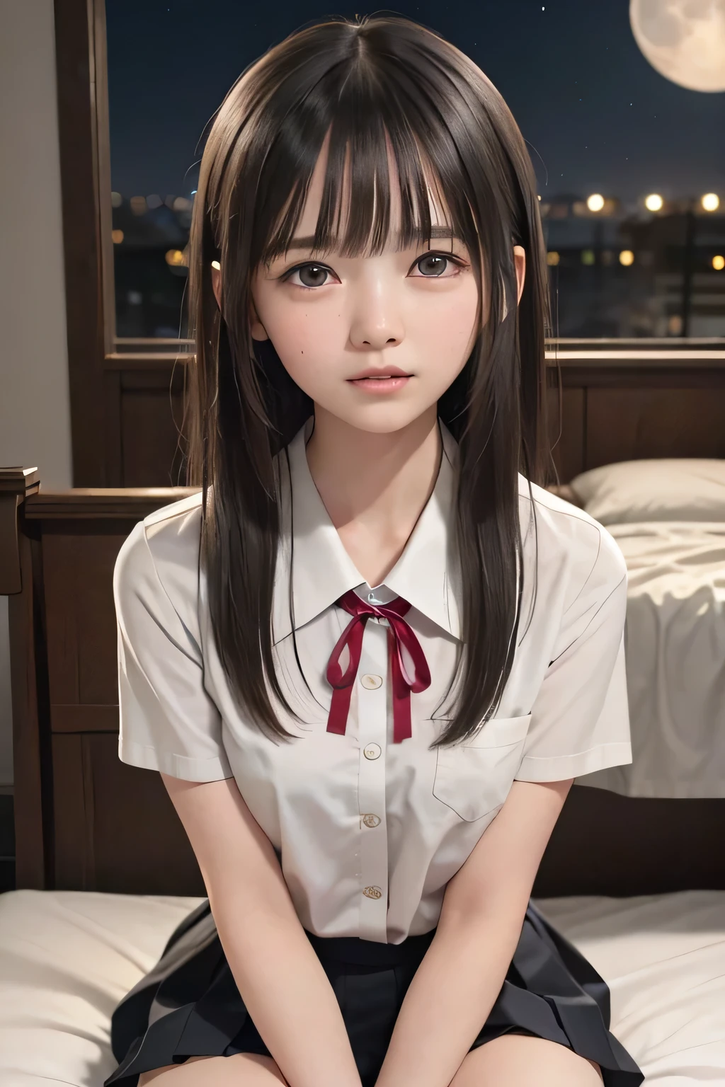 (masterpiece, Best Quality, 8K,Raw photo, High resolution:1.5), (1 girl, upper body, kneeling on the floor, Restrained girl, a girl is crying, arms behind back:1.6), (crying, sobbing, tearing, tearful, full-face blush, embarrassed, shyness), (dark background, night, indoor, moon light, bedroom, double bed:1.8), (Candid, Sophisticated, Thin arms, Narrow waist, Slim body, Slender girl:1.7), (Bokeh:1.7), (cleavage, small breasts:1.5), Beauty, (taken off shirt, Unbuttoned shirt, naked open shirt, school sailor uniform with red ribbon, serafuku, short sleeve shirt, Pleated miniskirt, slave metal collar, chained handcuff:1.9), (short two braids hair, black eyes:1.8), (forehead:1.7), japanese