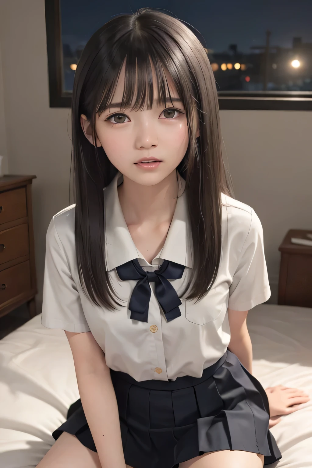 (masterpiece, Best Quality, 8K,Raw photo, High resolution:1.5), (1 girl, upper body, kneeling on the floor, Restrained girl, a girl is crying, arms behind back:1.6), (crying, sobbing, tearing, tearful, full-face blush, embarrassed, shyness), (dark background, night, indoor, moon light, bedroom, double bed:1.8), (Candid, Sophisticated, Thin arms, Narrow waist, Slim body, Slender girl:1.7), (Bokeh:1.7), (cleavage, small breasts:1.5), Beauty, (taken off shirt, Unbuttoned shirt, naked open shirt, school sailor uniform with red ribbon, serafuku, short sleeve shirt, Pleated miniskirt, slave metal collar, chained handcuff:1.9), (short two braids hair, black eyes:1.8), (forehead:1.7), japanese