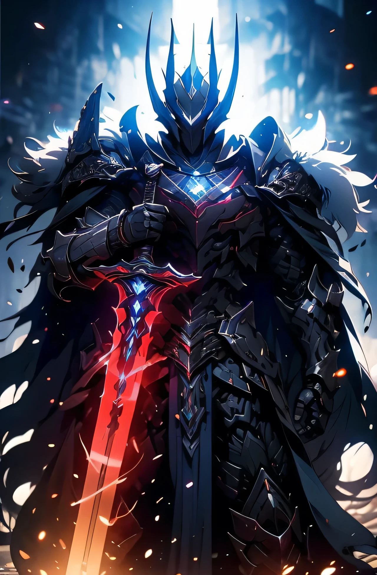 Monster knight, paladin black, five demon horn, dark aura, dark particleBlack Crusader, berseker Crusader, The torn fabric on his scarf and armor, torn like a tough knight,Dark , like elden ring, dark armor Scary and Badass armor, sharp armor has a monster-like shape, lots of blood on the armor, like an evil dark knight, kneeling pose doing a sword salute, Hd light and darknessHD lighting and dark )<=(epic image quality)dark atmosphere with bright particle light(many effects in background