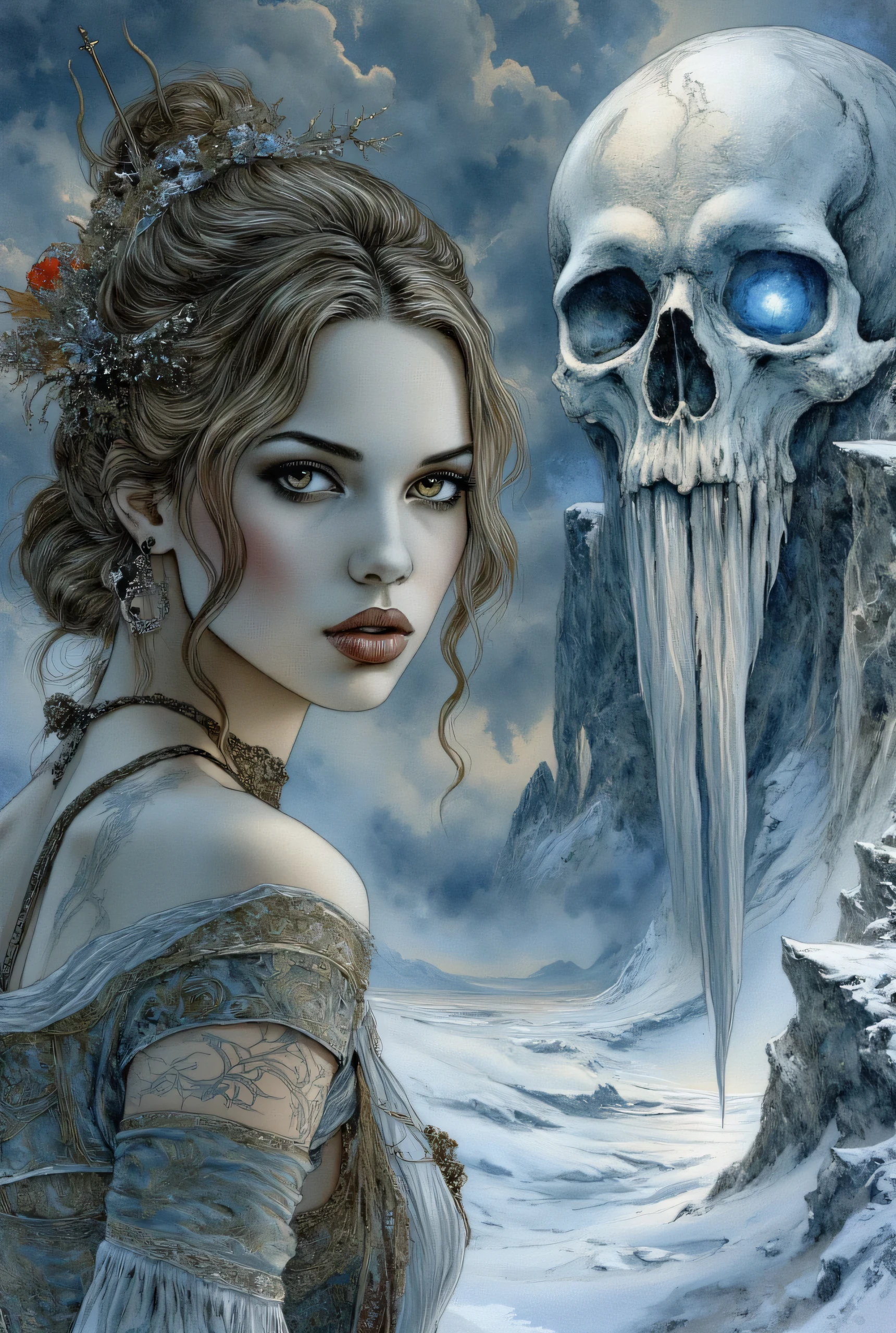 a close-up portrait of a beautiful woman. in the style of Luis Royo fantasy art. In the background a giant frozen skull with blue eyes on the side of an icy mountain --ar 28:41 --stylize 1000
