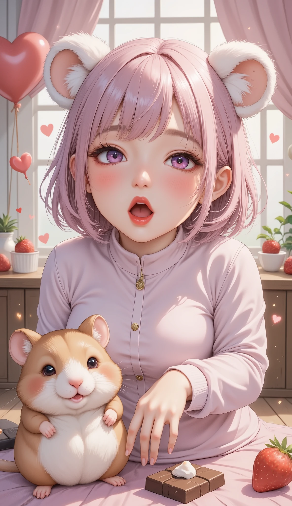 cute illustration ,Valentine's Day,(Hamako-chan ,Hamster girl,(( light pink hair : Bob:1.3),Cut your bangs ,Scandinavian style clothes and hat,Hamster ears), dynamic pose,((Hamster:1.3)There is a Hamster beside her:Sup er cute Hamster:Hamster anatomically correct),chocolate and strawberry, cute background ,Patchwork quilt,Nordic style,💖,✨,heart mark,flash