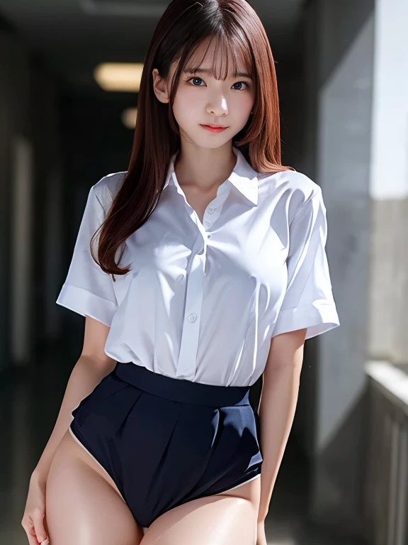 1Man girl、top-quality、超A high resolution、Raw photo、(Authentic skin texture:1.3)、Big、breastsout、Wavy blonde hair、a blond、Picture-perfect face、Professional artwork、((Perfect female body))、Beautiful expression、beauitful face、Seductive look、beautidful eyes、thighs thighs thighs thighs、full body Esbian、(Random sexy poses:1.3)、(Immersive atmosphere、Chiaroscuro:1.5、brightened light:1.2、Luminous lighting) 、(red blush:0.5)、realisitic:1.3、longshot、Professional artistic background、Korean School Uniform、Short sleeve uniform shirt、tight shirtp、Ribbon tie、a miniskirt、White pants、((Spread your legs apart、Show your crotch、Show your pants、Show your pants to the viewer、pantie shot、Panchira))、(transparent clothe、Transparent shirt、A shirt that shows through your、Transparent pants、Transparent underwear)