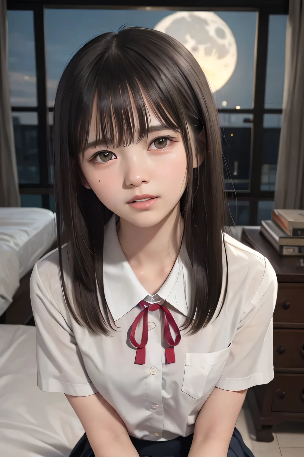 (masterpiece, Best Quality, 8K,Raw photo, High resolution:1.5), (1 girl, upper body, kneeling on the floor, Restrained girl, a girl is crying, arms behind back:1.6), (crying, sobbing, tearing, tearful, full-face blush, embarrassed, shyness), (dark background, night, indoor, moon light, bedroom, double bed:1.8), (Candid, Sophisticated, Thin arms, Narrow waist, Slim body, Slender girl:1.7), (Bokeh:1.7), (cleavage, small breasts:1.5), Beauty, (taken off shirt, Unbuttoned shirt, naked open shirt, school sailor uniform with red ribbon, serafuku, short sleeve shirt, Pleated miniskirt, slave metal collar, chained handcuff:1.9), (short two braids hair, black eyes:1.8), (forehead:1.7), japanese