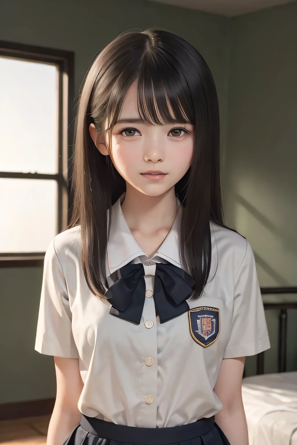 (masterpiece, Best Quality, 8K,Raw photo, High resolution:1.5), (1 girl, upper body, kneeling on the floor, Restrained girl, a girl is crying, arms behind back:1.6), (crying, sobbing, tearing, tearful, full-face blush, embarrassed, shyness), (dark background, night, indoor, moon light, bedroom, double bed:1.8), (Candid, Sophisticated, Thin arms, Narrow waist, Slim body, Slender girl:1.7), (Bokeh:1.7), (cleavage, small breasts:1.5), Beauty, (taken off shirt, Unbuttoned shirt, naked open shirt, school sailor uniform with red ribbon, serafuku, short sleeve shirt, Pleated miniskirt, slave metal collar, chained handcuff:1.9), (short two braids hair, black eyes:1.8), (forehead:1.7), japanese