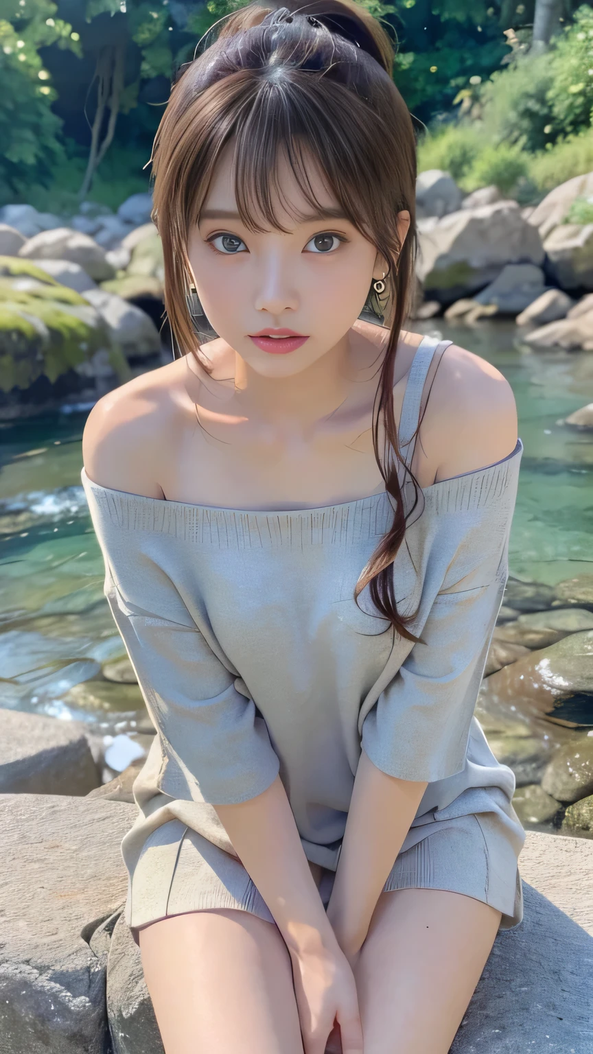  tanning:1.5、  off shoulder 、Gal clothes、(   top quality, 8k,   masterpiece,   RAW Photo : 1.3),  Beautiful Korean Women  , A well-toned and toned body、   earrings, Thin Bracelet, whole body,  High definition face and skin color 、  beautiful eyes,  by Mr. names,  enchanting,   beautiful posture、  wear skirts all the time、  brown hair ponytail、 You should definitely wear  、 You must wear   、Natural landscape spots  、  expression full of joy at its peak 、Expression at the peak of sexual arousal  、  mini dress  、 one girl、A landscape with a waterfall、Natural landscape spots  、  beautiful eyes with attention to detail 、 The face of pure loss 、 Popular K-makeup  、   twin tails on legs  、 loose and fluffy summer clothing fashion 、 thin waist 、