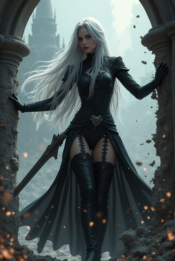 Generates an image of a sexy female gothic Japanese ninja with white hair and protected by men because she is weak and feminine