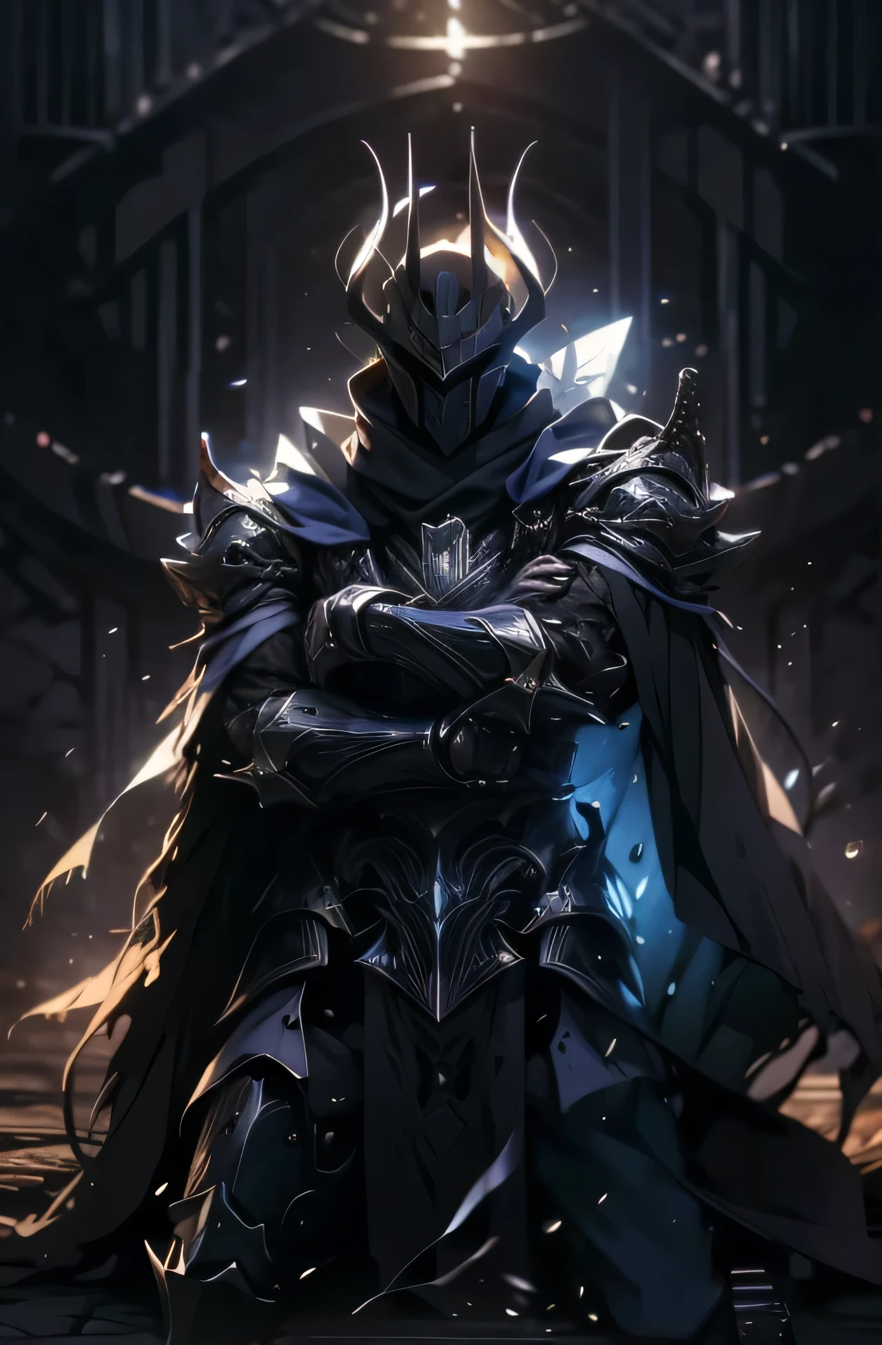 Monster knight, paladin black, five demon horn, dark aura, dark particleBlack Crusader, berseker Crusader, The torn fabric on his scarf and armor, torn like a tough knight,Dark , like elden ring, dark armor Scary and Badass armor, sharp armor has a monster-like shape, lots of blood on the armor, like an evil dark knight, kneeling pose doing a sword salute, Hd light and darknessHD lighting and dark )<=(epic image quality)dark atmosphere with bright particle light(many effects in background