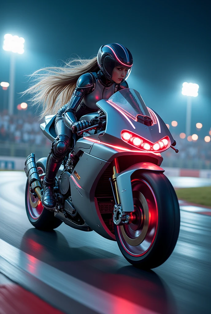 A woman Cyborg-Mecha full body game character design with neon glowing accents in her futuristic cyborg android muscular full body, with a futuristic city as a background, warm and cold ambient mood Background, foggy and windy scenery, and futuristic motorbike parked behind her, with all lighting on in her motorbike , artistic photo hyper realistic.