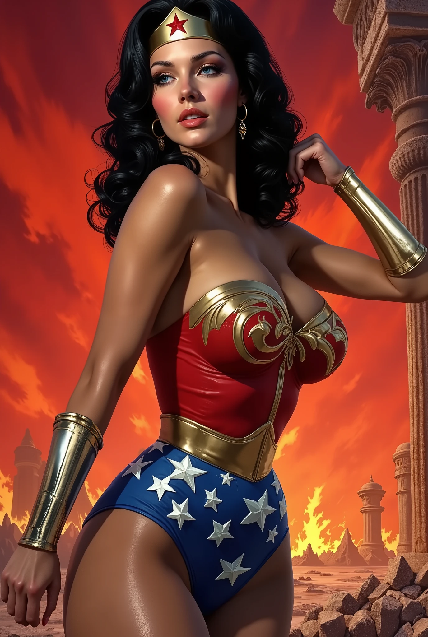 Ultra HD, 4K, super detailed , Movie, Lynda Carter, a 1970's 《Wonder Woman》 , a woman in costume 、戴着 wristband和十字手签名的女人, Perfect Image, perfect figure , Perfect Anatomy, kodak film, high quality photography , 1970's style, wonder woman style, is unique, long hair, blue eyes, dark hair, Bare Shoulders , earrings, Star (symbol), Lips, hairband , Arms Crossed, curls, upper body, strapless, cosmetic, wristband, red Lips, Star print, Lipstick, retro artstyle, support, 1980s (style) , epic, BEAUTIFUL LIGHTING , Inspiring , a gorgeous wonder woman in tight red and blue, Woman with long dark hair , Beautiful Detailed Eyes , Striking facial features , Sexy beauty queen figure, Sexy alluring posture, Scenes of lust in the 1974 Emmanuelle movie , dynamic lighting, dramatic cinematic scene , digital painting , Complex and detailed rendering , hyperrealistic, 8,000, vibrant colors, Dramatic Shadows , movie light, sexy, Gorgeous , Seductive ,((( in the 17th century ))),Create a highly detailed and immersive upper-body illustration of a beautiful female character designed for a role-playing game. She is depicted from a side-back perspective, her athletic and well-toned physique subtly tensed as she takes in the chaotic and oppressive scene before her. Her black, shoulder-length wavy hair flows naturally, catching the dim, flickering glow of the cursed flames around her. Her hands remain empty.
The background is inspired by Dante’s Inferno, depicting the Fourth Circle of Hell—Avarice. The landscape is a vast, endless wasteland of broken gold and shattered treasures, with massive, crumbling pillars made of tarnished coins and gemstones. Countless tormented souls, once consumed by greed, now push and shove enormous, impossibly heavy boulders of wealth in an eternal, futile struggle.
Her body language reflects her reaction to the grotesque display of avarice—her muscles tensed, her posture braced, one hand subtly curled as if resisting an urge to intervene or recoil.
The atmosph