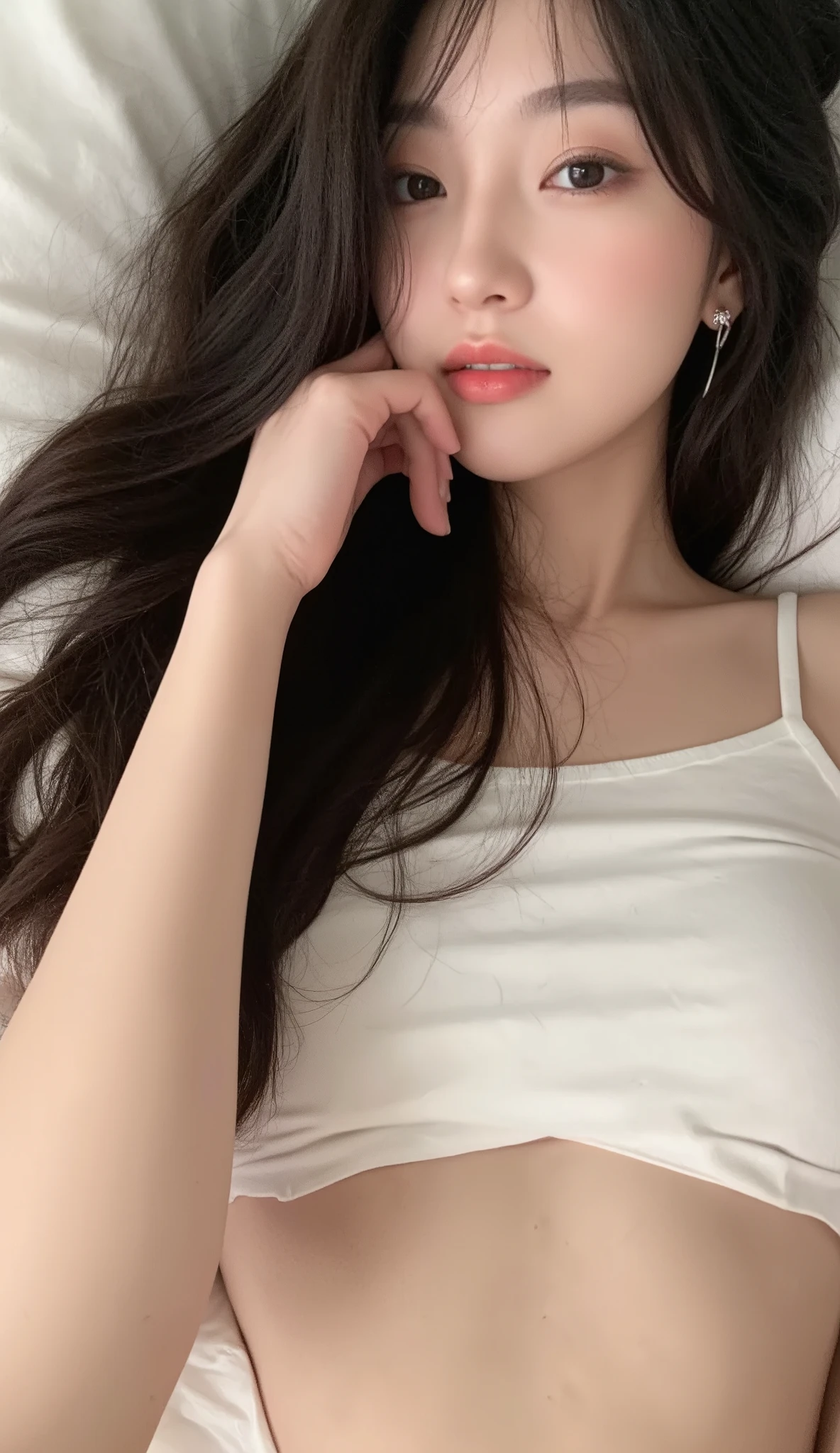 ((Realistic lighting, best quality, 8K, masterpiece:1.3)), sharp focus:1.2, 1 girl, Beautiful woman with perfect figure:1.4, slim abs:1.1, ((Dark brown hair)), (white blouse:1.4）,（Exterior，at night：1.1），Sitting on bed indoors，Super thin face，narrow eyes，double eyelids，Leaking out the entire delicate breasts