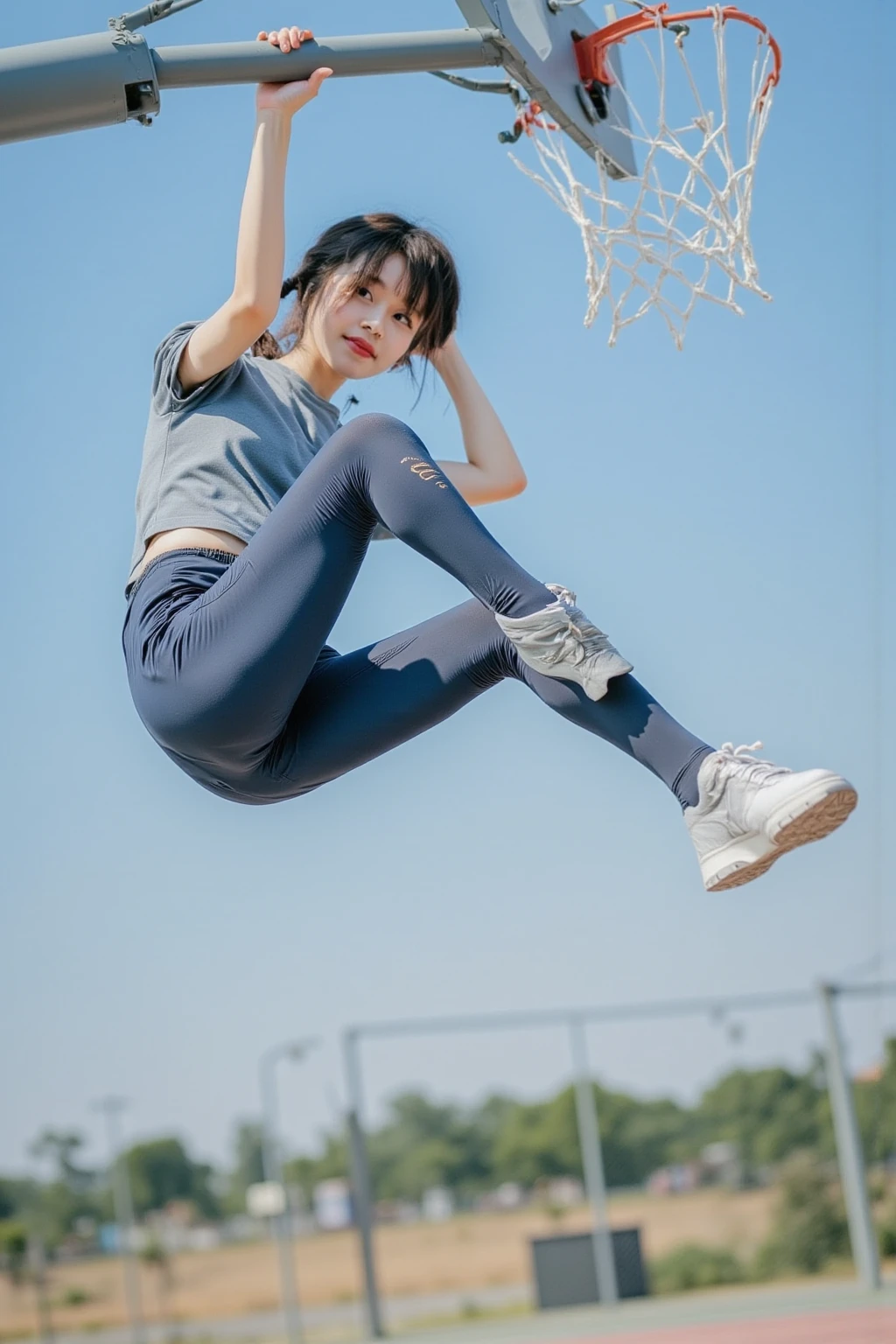 1 Girl, Beautiful, , 20 Years Old, White Skin, Bare Breasts, Sexy Pose, Gymnastic Outfit, , Muscles, Bokeh, In the Zero Gravity Experience, Masterpiece,Wearing a sports bra and Tight black jeans,Joyful facial expressions,(((Parkour Pose))),1girl