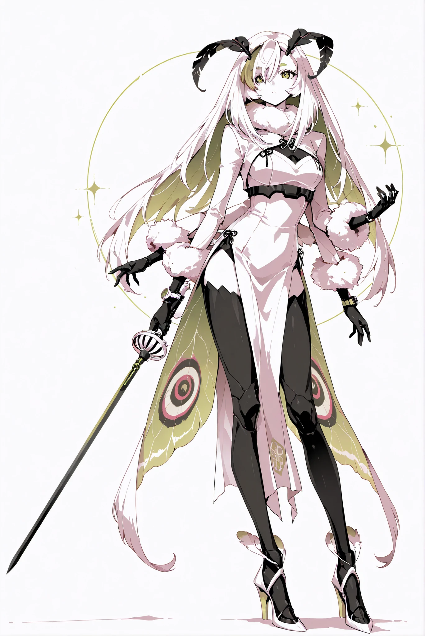 ( white background, stands,whole body, high heels, front view,Standing picture:1.7),,HoleHeels,oval/Circle/Thorn/Horn Heels,,limited color palette,Colorful, vivid colors ,black light ,watch, Masterpiece, very beautiful ,holding a sword sword, holding long sword blade,holding sword rapier,juniper actias, moth girl, black thickening membrane, antannae, White Skin , rated74, Yum \(Sergeant Epper\), green eyes, white hair, Striped Hair , pelvic curtain, dress, 4 arms, long hair, white clothes , white dress,all four hands hold fine swords,Four armed fine swords