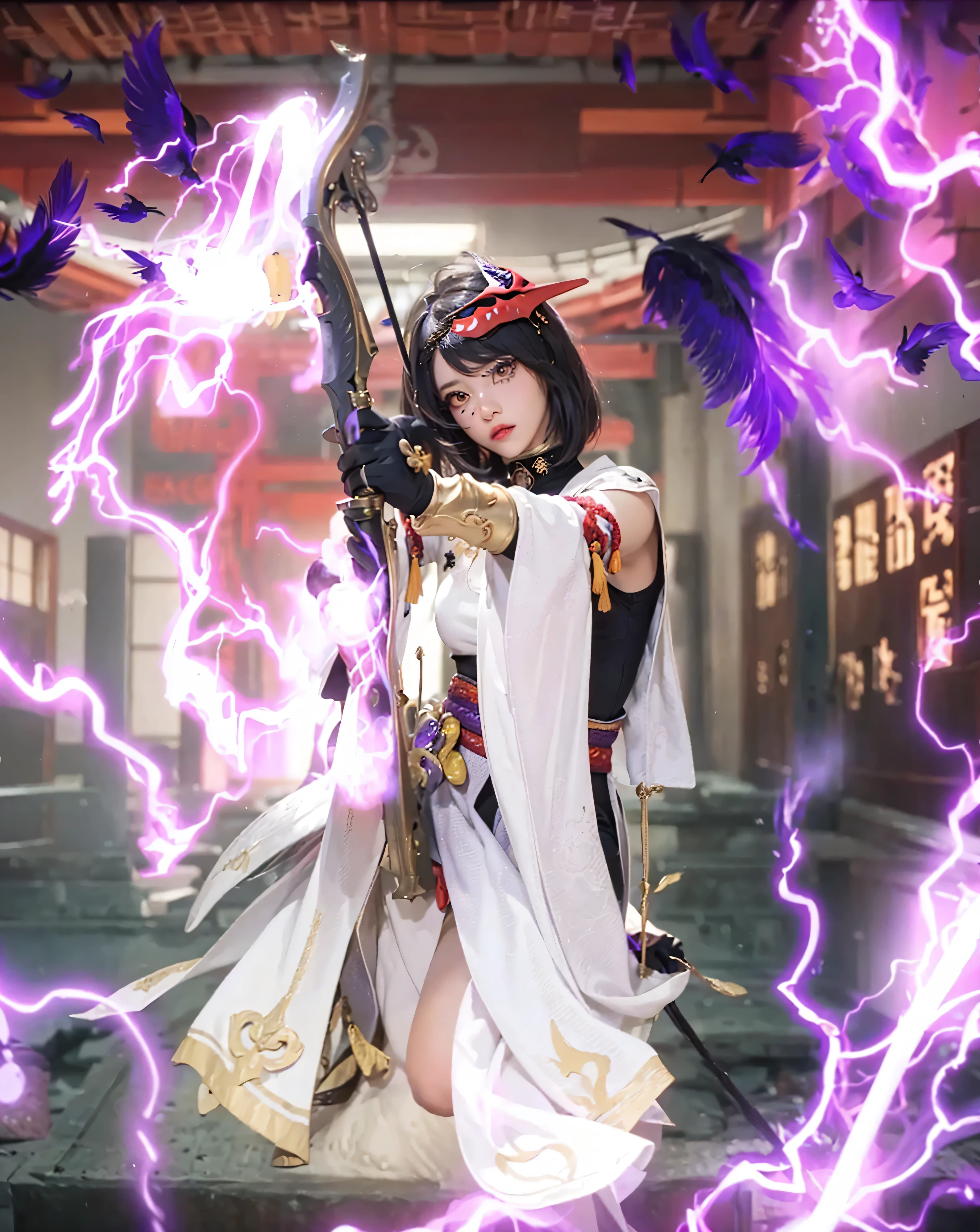 (RAIDEN SHOGUN_GENSHIN IMPACT),((realistic, photorealistic)),(highlight hair)), Light reflection, (( HD )),((upper body)), (((best quality, masterpiece))), (masterpiece) (best quality) (detail) (8k) (HDR) (wallpaper) (cinematic lighting) (sharp focuasterpiece, best quality: 1.1), Real life adaption of this character, Asian teen beauty face, Shining Purple eyes, realistic outfit, realistic shadow, realistic light, realism, hyper realistic, realistic background,(photorealistic:1.2), 1girl,masterpiece, best quality, 1girl, shogunpuppet,  solo, thunder, stormy sky, ELECTRICITY, purple waves, cowboy shot,raidenshogundef, upper body, smile, blush, outdoors, day, blue sky, sky, temple, looking at viewer, stairs, mountain, moody lighting, facing viewer,Japanese temple background, lightning sky, flying cherry blossoms, floating robes, purple hair,Electric sword stick, Glow effect,Background of destruction,