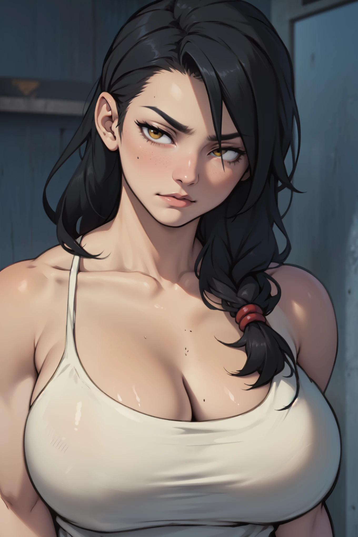 muscular yellow eyes pale skin girl sad cleavage blushing frown sweaty big breasts black hair perfect quality