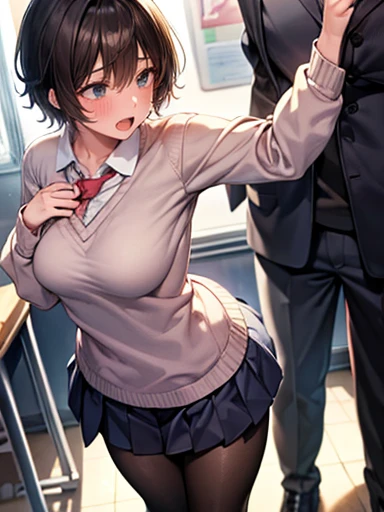 ((best quality)), ((work of art)), ((detailed)), woman with brown hair and bangs, in a doggy-style position, against a wall, skirt lifted by a man who is taking her from behind, breasts exposed, semi-nude, expression of pleasure
