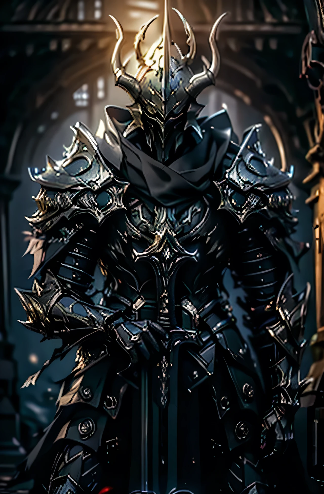 Monster knight, paladin black, five demon horn, dark aura, dark particleBlack Crusader, berseker Crusader, The torn fabric on his scarf and armor, torn like a tough knight,Dark , like elden ring, dark armor Scary and Badass armor, sharp armor has a monster-like shape, lots of blood on the armor, like an evil dark knight, kneeling pose doing a sword salute, Hd light and darknessHD lighting and dark )<=(epic image quality)dark atmosphere with bright particle light(many effects in background