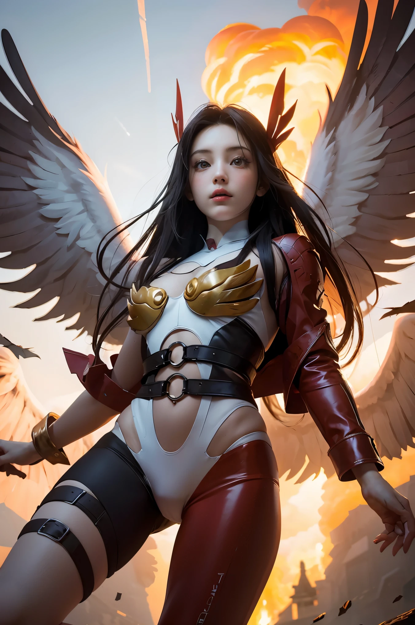 1girl, Absurd resolution, high resolution, (masterpiece: 1.4), hyper-detail, a mech, red armor with red wings, floating flight in the sky (1.8) background is wild, fire, full bodysuit,