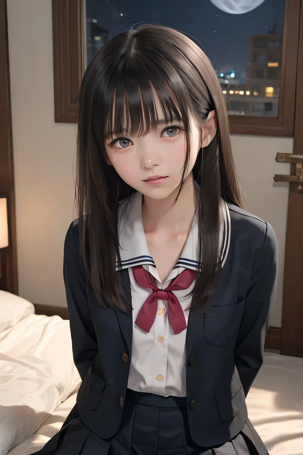 (masterpiece, Best Quality, 8K,Raw photo, High resolution:1.5), (1 girl, upper body, kneeling on the floor, Restrained girl, a girl is crying, arms behind back:1.6), (crying, sobbing, tearing, tearful, full-face blush, embarrassed, shyness), (dark background, night, indoor, moon light, bedroom, double bed:1.8), (Candid, Sophisticated, Thin arms, Narrow waist, Slim body, Slender girl:1.7), (Bokeh:1.7), (cleavage, small breasts:1.5), Beauty, (taken off shirt, Unbuttoned shirt, naked open shirt, school sailor uniform with red ribbon, serafuku, short sleeve shirt, Pleated miniskirt, slave metal collar, chained handcuff:1.9), (short two braids hair, black eyes:1.8), (forehead:1.7), japanese