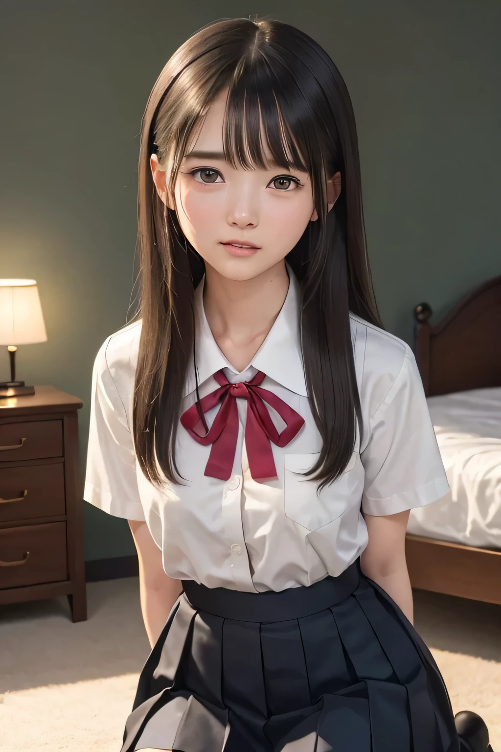 (top-quality、ighly detailed、The ultra-detailliert、8K、​masterpiece、reallistic、Photorealsitic)、、brown haired、beautidful eyes、real looking skin、hi-school girl、small tits、Beautie、cute little、japanes、a smile、Close-up portrait、Healthy face、School uniform、plaid skirts