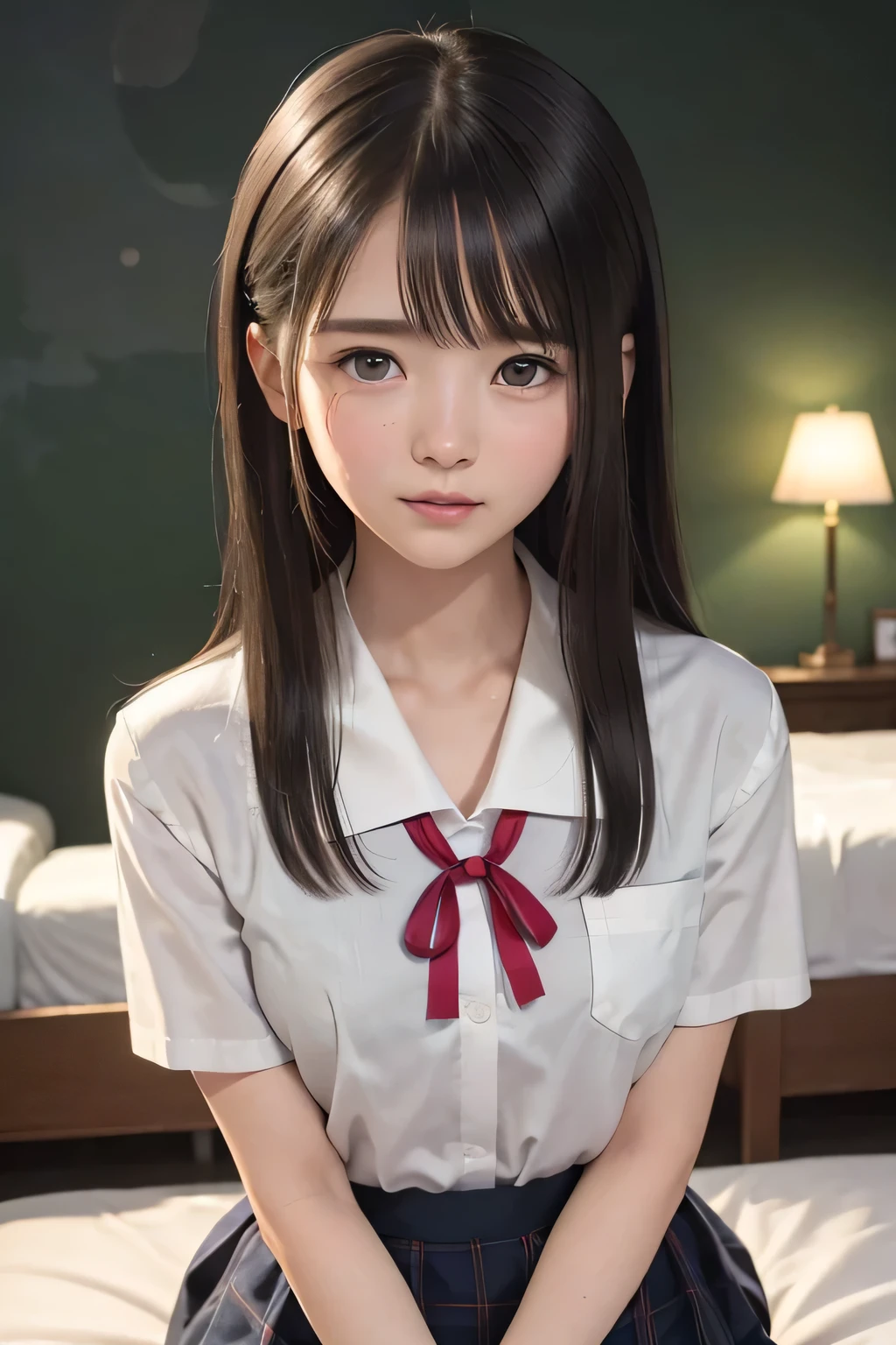 (masterpiece, Best Quality, 8K,Raw photo, High resolution:1.5), (1 girl, upper body, kneeling on the floor, Restrained girl, a girl is crying, arms behind back:1.6), (crying, sobbing, tearing, tearful, full-face blush, embarrassed, shyness), (dark background, night, indoor, moon light, bedroom, double bed:1.8), (Candid, Sophisticated, Thin arms, Narrow waist, Slim body, Slender girl:1.7), (Bokeh:1.7), (cleavage, small breasts:1.5), Beauty, (taken off shirt, Unbuttoned shirt, naked open shirt, school sailor uniform with red ribbon, serafuku, short sleeve shirt, Pleated miniskirt, slave metal collar, chained handcuff:1.9), (short two braids hair, black eyes:1.8), (forehead:1.7), japanese
