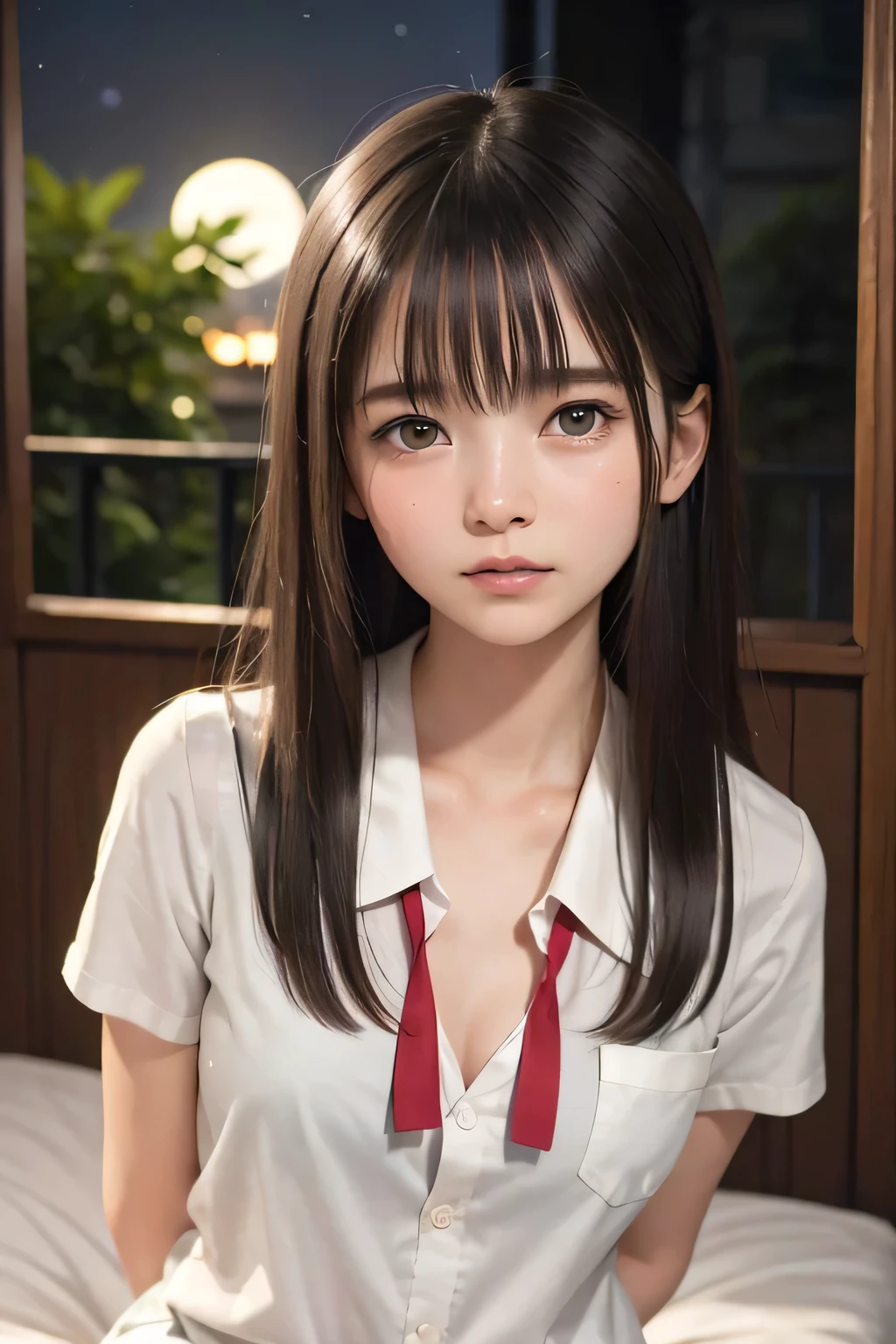 (masterpiece, Best Quality, 8K,Raw photo, High resolution:1.5), (1 girl, upper body, kneeling on the floor, Restrained girl, a girl is crying, arms behind back:1.6), (crying, sobbing, tearing, tearful, full-face blush, embarrassed, shyness), (dark background, night, indoor, moon light, bedroom, double bed:1.8), (Candid, Sophisticated, Thin arms, Narrow waist, Slim body, Slender girl:1.7), (Bokeh:1.7), (cleavage, small breasts:1.5), Beauty, (taken off shirt, Unbuttoned shirt, naked open shirt, school sailor uniform with red ribbon, serafuku, short sleeve shirt, Pleated miniskirt, slave metal collar, chained handcuff:1.9), (short two braids hair, black eyes:1.8), (forehead:1.7), japanese