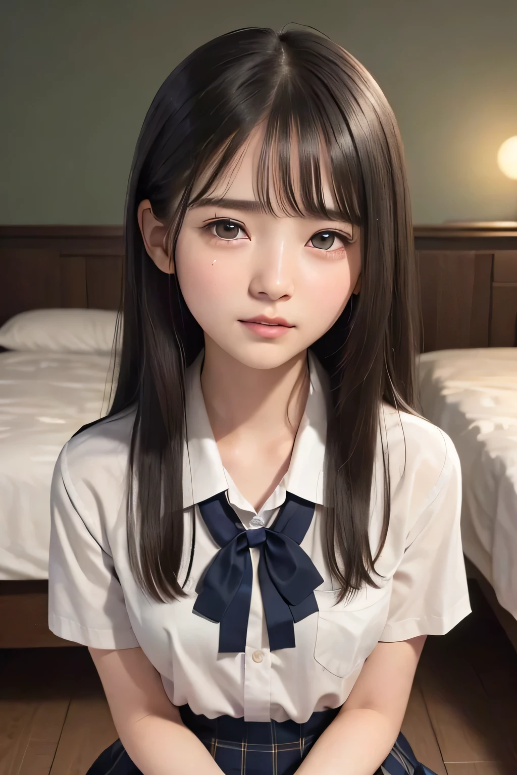 (masterpiece, Best Quality, 8K,Raw photo, High resolution:1.5), (1 girl, upper body, kneeling on the floor, Restrained girl, a girl is crying, arms behind back:1.6), (crying, sobbing, tearing, tearful, full-face blush, embarrassed, shyness), (dark background, night, indoor, moon light, bedroom, double bed:1.8), (Candid, Sophisticated, Thin arms, Narrow waist, Slim body, Slender girl:1.7), (Bokeh:1.7), (cleavage, small breasts:1.5), Beauty, (taken off shirt, Unbuttoned shirt, naked open shirt, school sailor uniform with red ribbon, serafuku, short sleeve shirt, Pleated miniskirt, slave metal collar, chained handcuff:1.9), (short two braids hair, black eyes:1.8), (forehead:1.7), japanese
