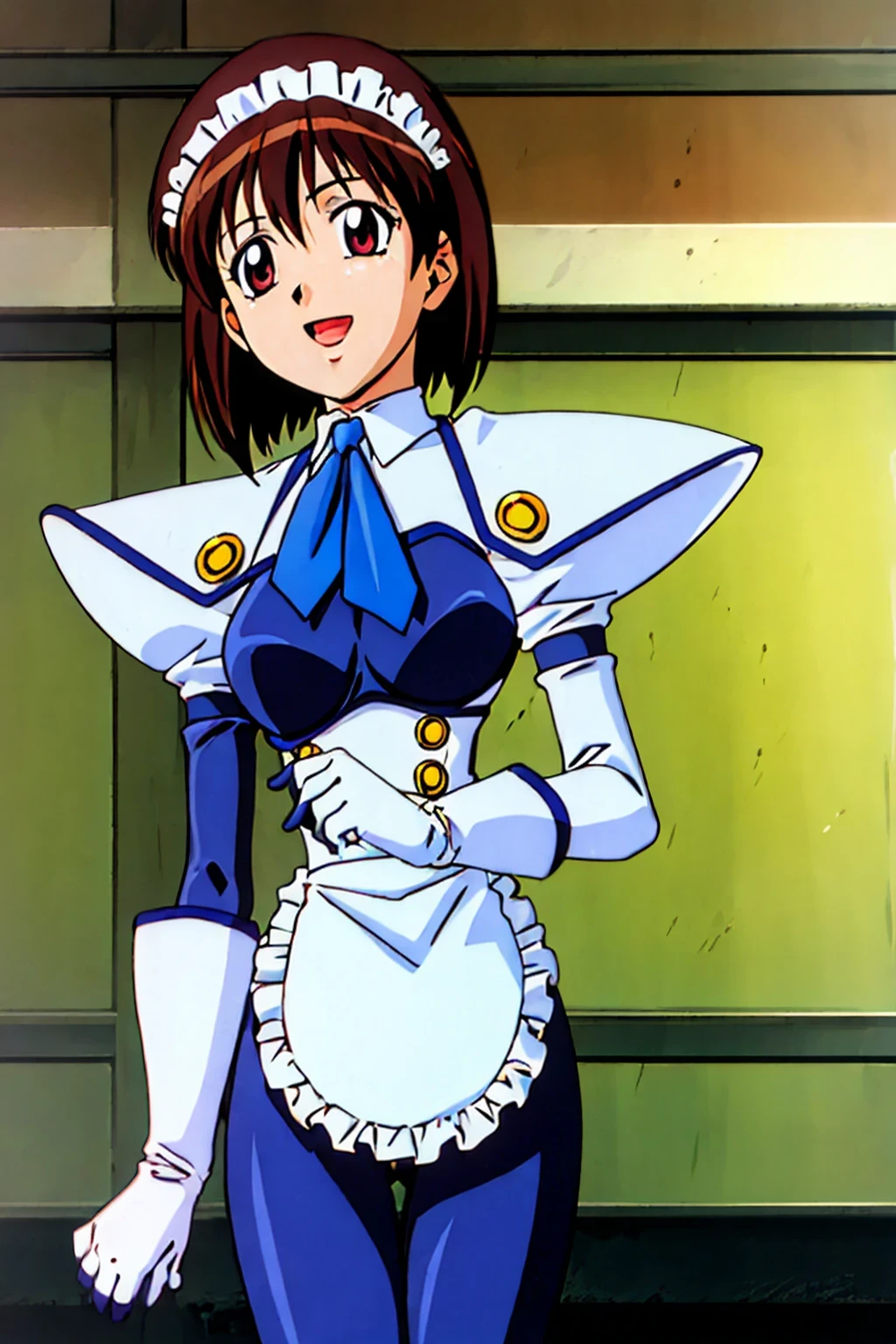 masterpiece,highest quality,Super detailed,32K,High resolution,an extremely delicate and beautiful,Official Art,Perfect Anatomy,(solo:1.5), Contrasting colors,octane rendering,Fully painted,anime coloring,anime screencap,Cel-shaded anime,retro artstyle,1990s \(style\),90s anime,90s anime style, perfect face,ultradeTailed eyes,beautiful,sexy,supermodel,athletic body,shiny skin,Dramatic light,(scale to fit the dimensions:1.2), koutetu_tenshi_saki,battle_costume,apron,gloves,short hair, maid, maid headdress, bangs, breasts, necktie, waist apron, puffy sleeves,red eyes,, white gloves, dress, long sleeves, elbow gloves, 1990s (style), frills, ascot, blue necktie,white apron,medium breasts,black_pantyhose,((open mouth,smile:1.5)),