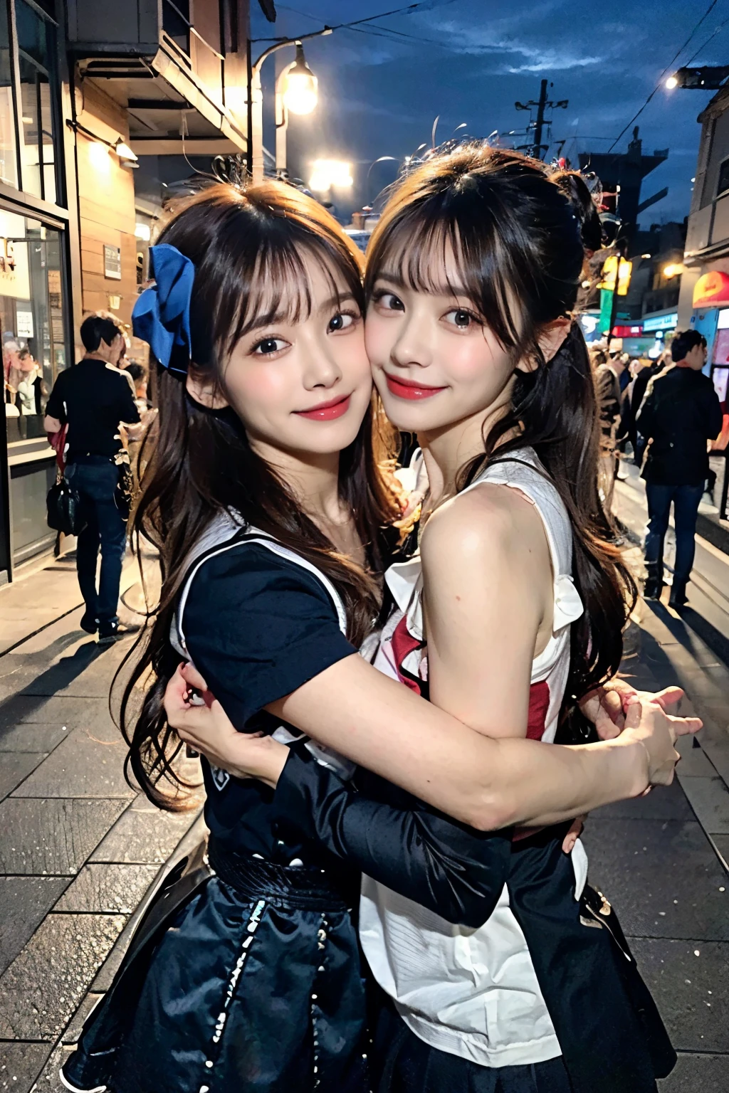 (8K,Raw photograph,top-quality、Master masterpiece:1.2)、ultra-detailliert、Super Resolution、(Photorealsitic:1.3)、((Woman in the back hugs the woman in front))、((Woman hugging with arms around her from behind.))、high resolution RAW color photos、professional photograpy、Same skin type as humans、Female proofreading of Japan from head to waist、Blur the background、Draws faithfully to anatomy、Correct number of fingers、（Very beautiful and detailed night cherry blossom trees 1:1.37）((Cherry blossoms fluttering in the wind))、fullmoon、Very detailed and beautiful、Ultra-high image quality、Half-up hairstyle、Bun hair、poneyTail、High school girl in sailor suit、（Puffy cheeks）Detailed uniforms、Each face has its own distinctive features、Different face patterns、Farbe々Hairstyle、Brown hair fluttering in the night breeze、Hair swaying and sexy、Very detailed beautiful girl、（Pink Eye Shadow）、Red tie、Smiling smile、