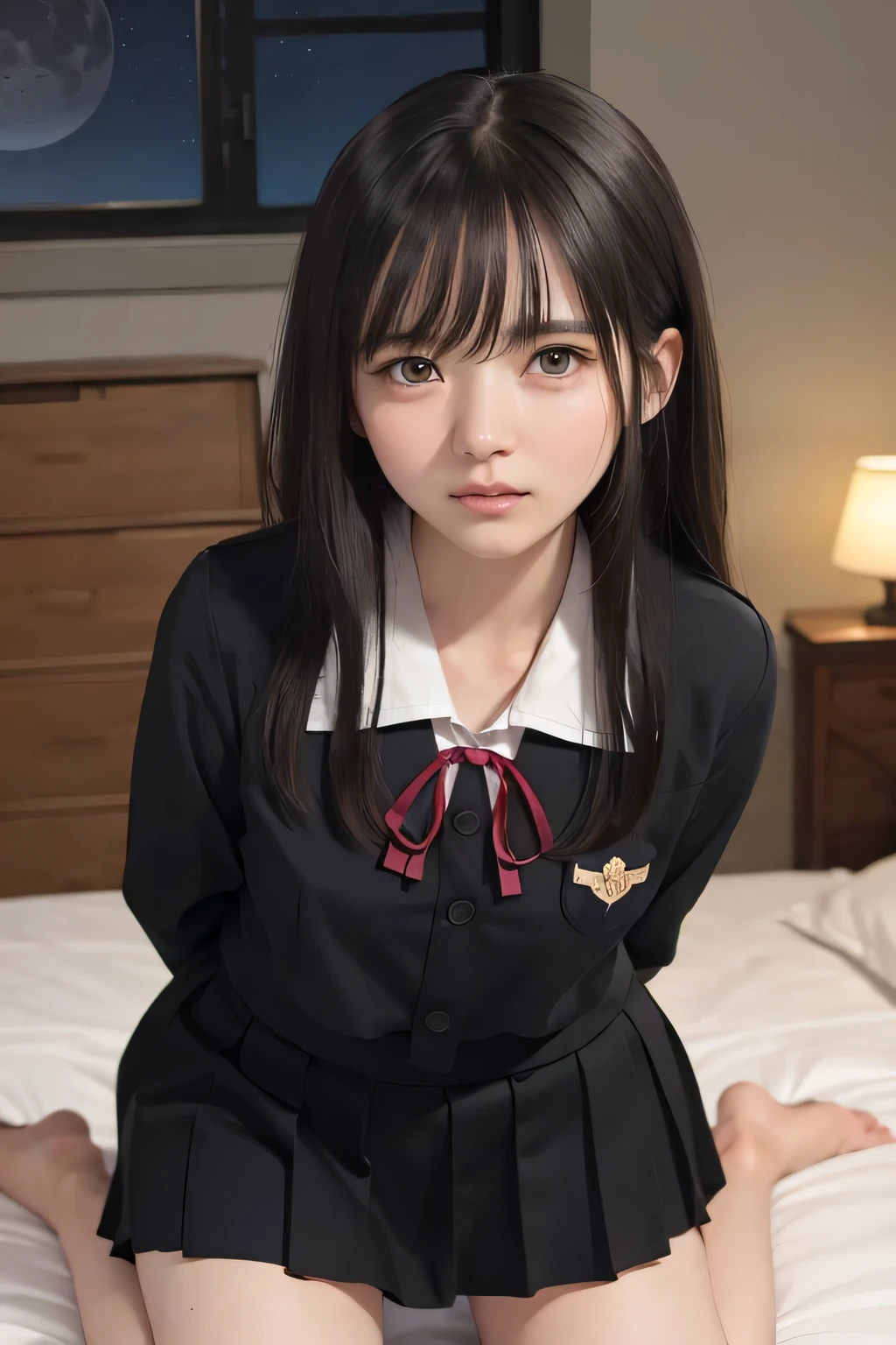 (masterpiece, Best Quality, 8K,Raw photo, High resolution:1.5), (1 girl, upper body, kneeling on the floor, Restrained girl, a girl is crying, arms behind back:1.6), (crying, sobbing, tearing, tearful, full-face blush, embarrassed, shyness), (dark background, night, indoor, moon light, bedroom, double bed:1.8), (Candid, Sophisticated, Thin arms, Narrow waist, Slim body, Slender girl:1.7), (Bokeh:1.7), (cleavage, small breasts:1.5), Beauty, (taken off shirt, Unbuttoned shirt, naked open shirt, school sailor uniform with red ribbon, serafuku, short sleeve shirt, Pleated miniskirt, slave metal collar, chained handcuff:1.9), (short two braids hair, black eyes:1.8), (forehead:1.7), japanese