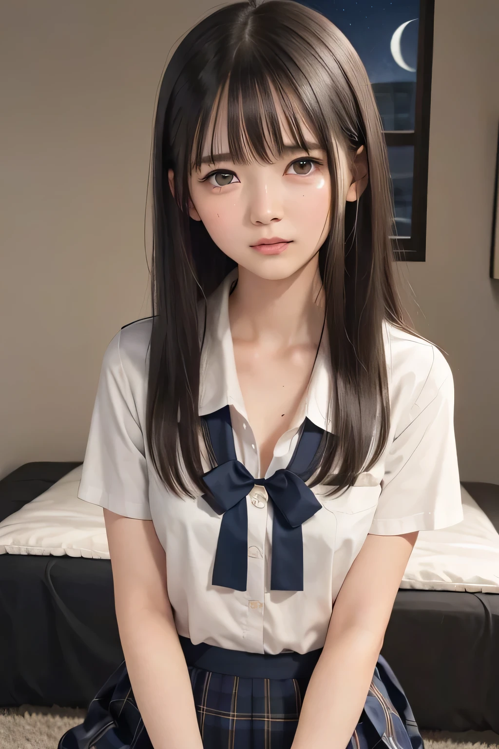 (masterpiece, Best Quality, 8K,Raw photo, High resolution:1.5), (1 girl, upper body, kneeling on the floor, Restrained girl, a girl is crying, arms behind back:1.6), (crying, sobbing, tearing, tearful, full-face blush, embarrassed, shyness), (dark background, night, indoor, moon light, bedroom, double bed:1.8), (Candid, Sophisticated, Thin arms, Narrow waist, Slim body, Slender girl:1.7), (Bokeh:1.7), (cleavage, small breasts:1.5), Beauty, (taken off shirt, Unbuttoned shirt, naked open shirt, school sailor uniform with red ribbon, serafuku, short sleeve shirt, Pleated miniskirt, slave metal collar, chained handcuff:1.9), (short hair, black eyes:1.8), (forehead:1.7), japanese