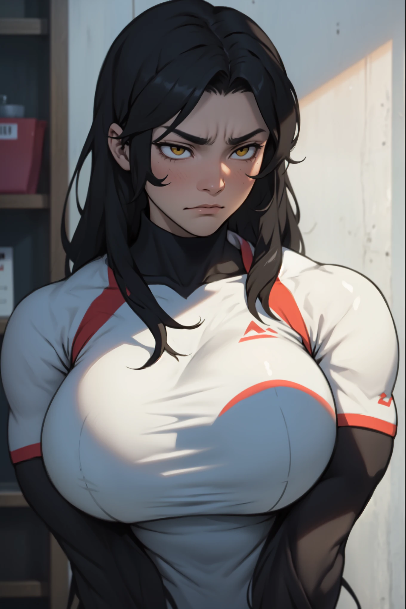 sad pale muscular girl massive breasts hair black hair yellow eyes extremely long hair sad