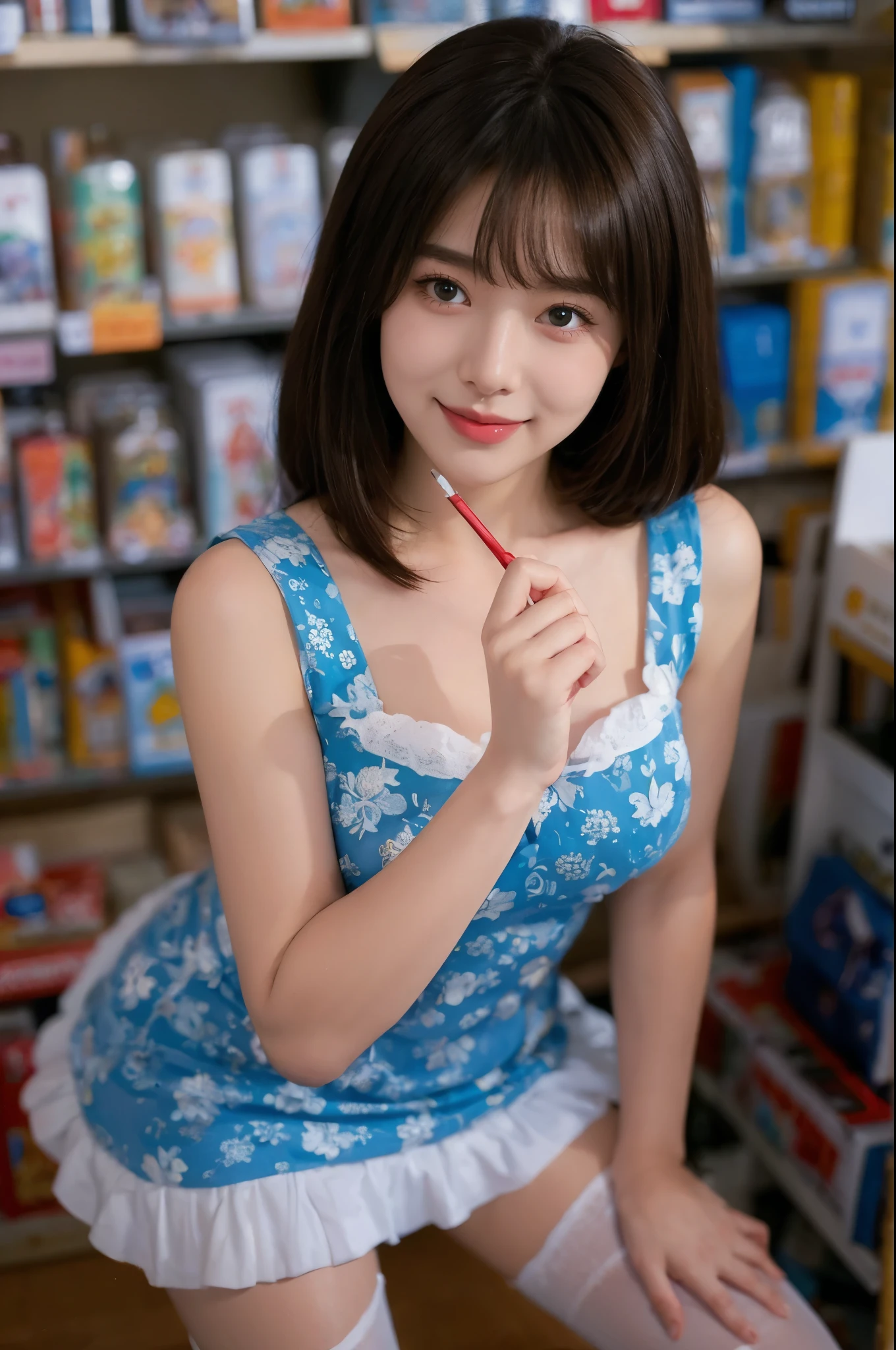 (((fifties style striped pattern waitress costume))),(((idol pose))),(((bare inner thigh))),(((Show cleavage))),(((pastel colored socks pumps))),ulzzang-6500-v1.1, (Raw photo:1.2), (Photo realistic:1.4), a beautiful detailed girl, extremely detailed eye and face, beautiful detailed eyes, ultra-detailed, High resolution, top-quality, masterpiece, highly detailed, 8k wallpaper, Wonderful, finely detail, top-quality, (retro pop diner), Beautiful eyes, smile, Opening Mouth
