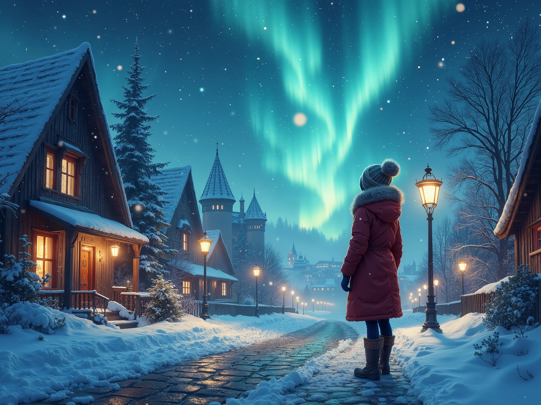 A realistic hyper-detailed painting of a girl wrapped in a thick winter coat,her behind shot,her sees the Aurora, scarf, and gloves, standing on a snowy cobblestone street, gazing up in awe at a mesmerizing aurora stretching across the night sky. The soft glow of the celestial lights reflects gently off her face, as she stands amidst snow-covered houses with warmly glowing windows. From a dramatic low-angle perspective, the scene captures the vastness of the sky above her, from her near Underboob ground shot extreme close up,with distant castle towers fading into the mist. Soft snowflakes drift lazily through the air, while bokeh city lights add depth to the serene winter landscape. This cinematic, highly detailed artwork, inspired by Caspar David Friedrich, is rendered in hyperrealism with high texture detailing in stunning 8K resolution.
