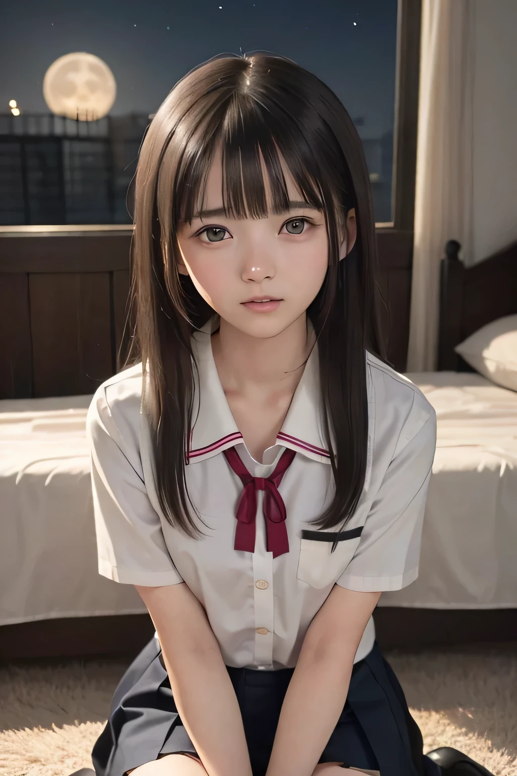 (masterpiece, Best Quality, 8K,Raw photo, High resolution:1.5), (1 girl, upper body, kneeling on the floor, Restrained girl, a girl is crying, arms behind back:1.6), (crying, sobbing, tearing, tearful, full-face blush, embarrassed, shyness), (dark background, night, indoor, moon light, bedroom, double bed:1.8), (Candid, Sophisticated, Thin arms, Narrow waist, Slim body, Slender girl:1.7), (Bokeh:1.7), (cleavage, small breasts:1.5), Beauty, (taken off shirt, Unbuttoned shirt, naked open shirt, school sailor uniform with red ribbon, serafuku, short sleeve shirt, Pleated miniskirt, slave metal collar, chained handcuff:1.9), (short two braids hair, black eyes:1.8), (forehead:1.7), japanese