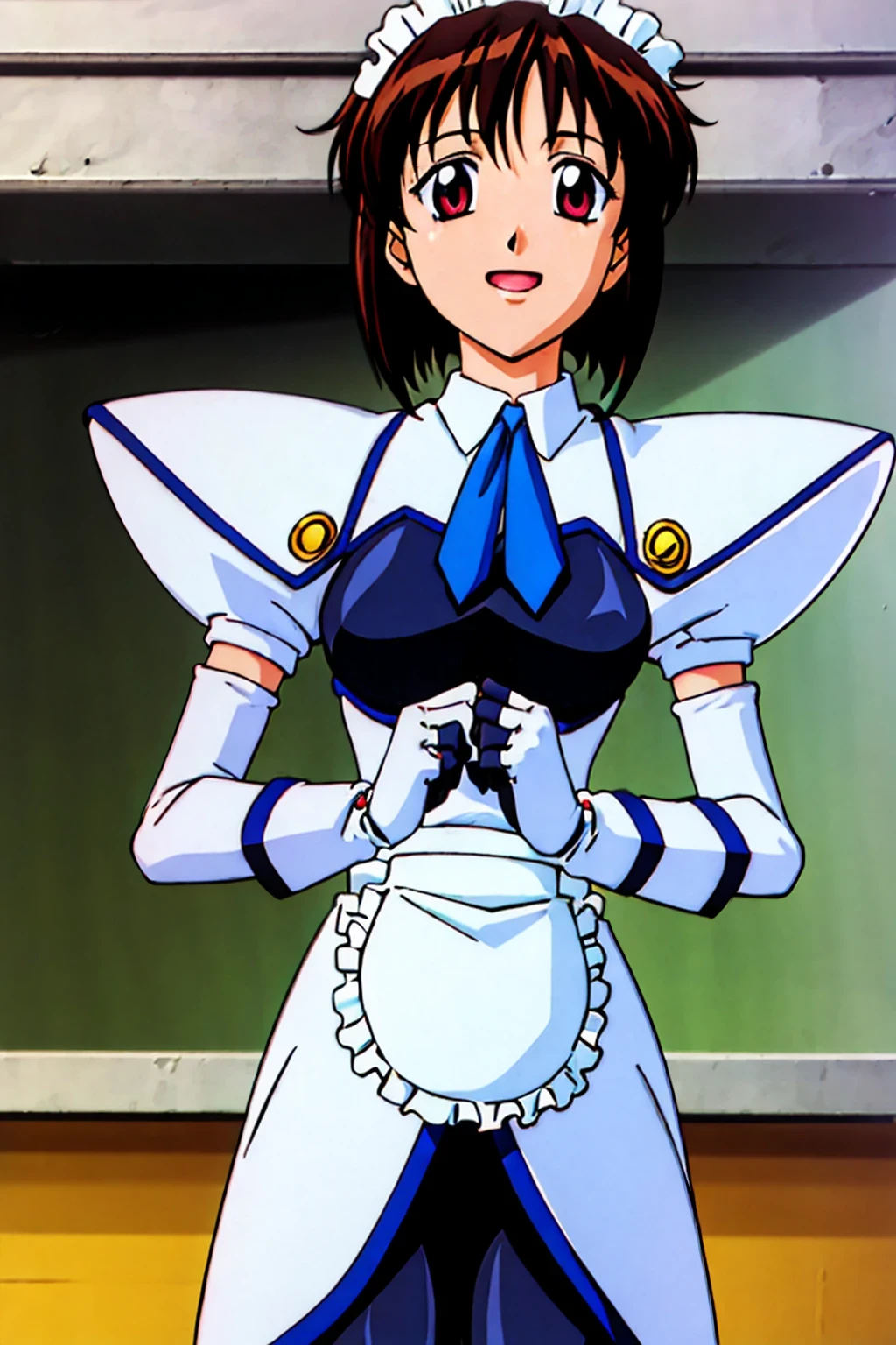 masterpiece,highest quality,Super detailed,32K,High resolution,an extremely delicate and beautiful,Official Art,Perfect Anatomy,(solo:1.5), Contrasting colors,octane rendering,Fully painted,anime coloring,anime screencap,Cel-shaded anime,retro artstyle,1990s \(style\),90s anime,90s anime style, perfect face,ultradeTailed eyes,beautiful,sexy,supermodel,athletic body,shiny skin,Dramatic light,(scale to fit the dimensions:1.2), koutetu_tenshi_saki,battle_costume,apron,gloves,short hair, maid, maid headdress, bangs, breasts, necktie, waist apron, puffy sleeves,red eyes,, white gloves, dress, long sleeves, elbow gloves, 1990s (style), frills, ascot, blue necktie,white apron,medium breasts,black_pantyhose,((open mouth,smile:1.5)),