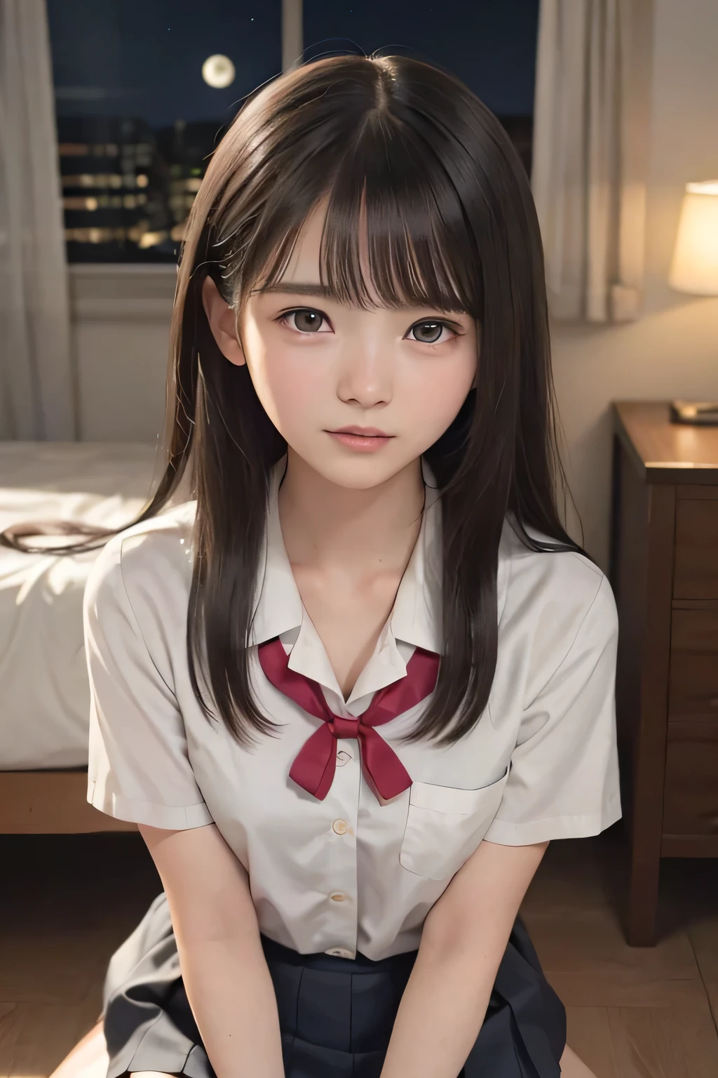 (masterpiece, Best Quality, 8K,Raw photo, High resolution:1.5), (1 girl, upper body, kneeling on the floor, Restrained girl, a girl is crying, arms behind back:1.6), (crying, sobbing, tearing, tearful, full-face blush, embarrassed, shyness), (dark background, night, indoor, moon light, bedroom, double bed:1.8), (Candid, Sophisticated, Thin arms, Narrow waist, Slim body, Slender girl:1.7), (Bokeh:1.7), (cleavage, small breasts:1.5), Beauty, (taken off shirt, Unbuttoned shirt, naked open shirt, school sailor uniform with red ribbon, serafuku, short sleeve shirt, Pleated miniskirt, slave metal collar, chained handcuff:1.9), (short two braids hair, black eyes:1.8), (forehead:1.7), japanese