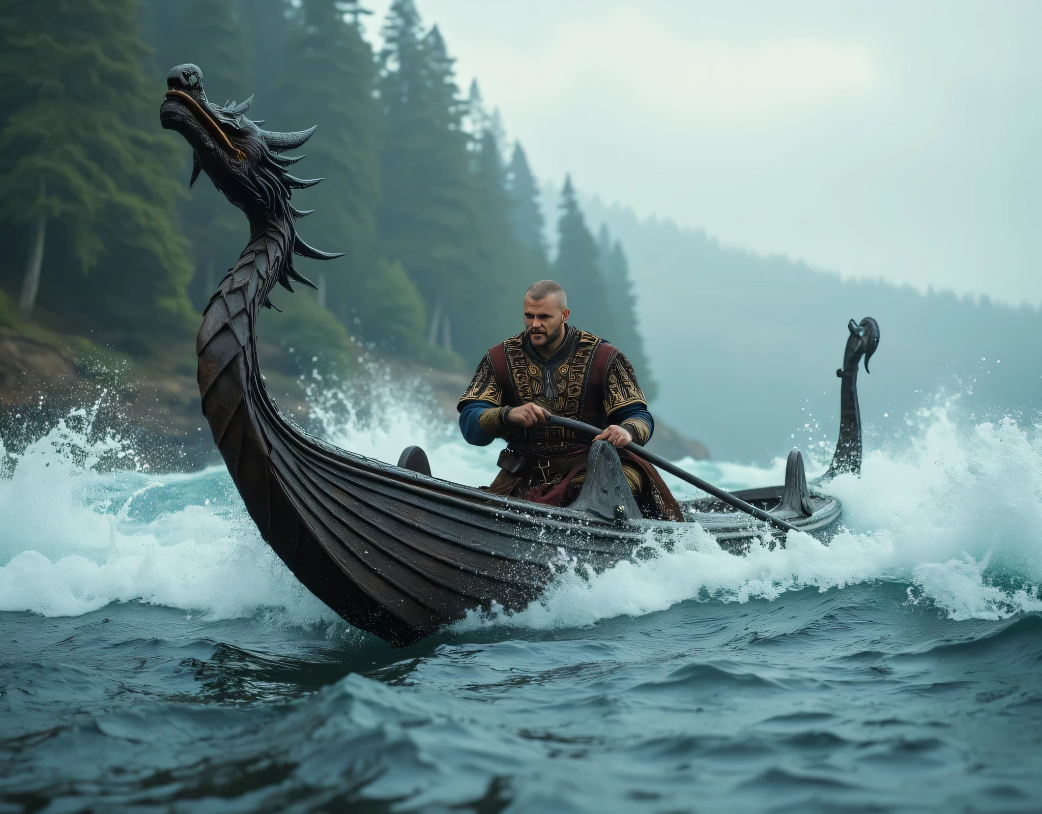 **Prompt:** Create a breathtakingly detailed landscape scene set in medieval Northern Europe, showcasing a Viking fiercely rowing a magnificent long dragon boat through tumultuous river waters. Utilize hyper-realism to depict the intricacies of the wooden boat as it slices through crashing waves, emphasizing the raw power of nature. Capture the moment from a panoramic ultra-wide angle that immerses the viewer in the drama of the stormy environment. Illustrate the Viking clad in an elaborate, historically-accurate tunic, his muscles taut and defined as he navigates the rough waters. Employ dynamic leading lines in the composition that guide the viewer's eye through the vibrant scene, enriched by a rich UHD color palette that creates a striking contrast between the figure of the Viking and the swirling river. Highlight the strength and determination of the sailor, ensuring his anatomy is portrayed with realism and precision. As you zoom out, maintain a depth of field that enhances the visual impact and draws attention to the Viking's heroic endeavor. Integrate cutting-edge 3D CGI textures to breathe life into this depiction, creating a visually stunning FantasyPunkAi artwork that resonates with the essence of deep forest scenery and Viking heritage.