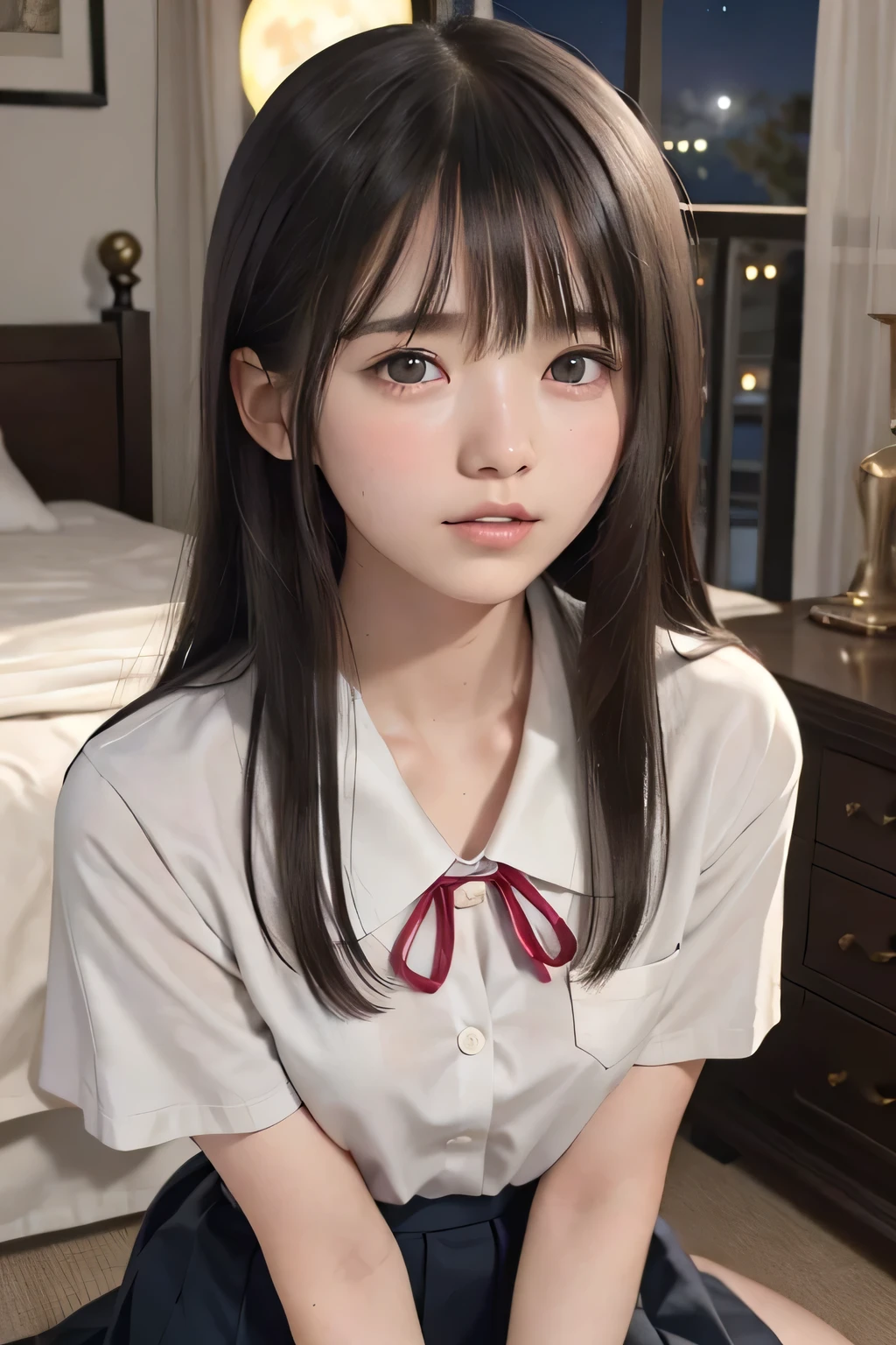 (masterpiece, Best Quality, 8K,Raw photo, High resolution:1.5), (1 girl, upper body, kneeling on the floor, Restrained girl, a girl is crying, arms behind back:1.6), (crying, sobbing, tearing, tearful, full-face blush, embarrassed, shyness), (dark background, night, indoor, moon light, bedroom, double bed:1.8), (Candid, Sophisticated, Thin arms, Narrow waist, Slim body, Slender girl:1.7), (Bokeh:1.7), (cleavage, small breasts:1.5), Beauty, (taken off shirt, Unbuttoned shirt, naked open shirt, school sailor uniform with red ribbon, serafuku, short sleeve shirt, Pleated miniskirt, slave metal collar, chained handcuff:1.9), (short two braids hair, black eyes:1.8), (forehead:1.7), japanese