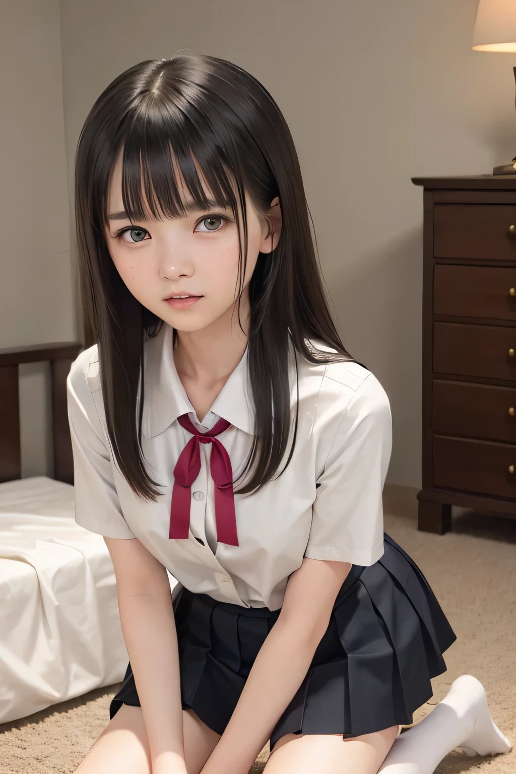 (masterpiece, Best Quality, 8K,Raw photo, High resolution:1.5), (1 girl, upper body, kneeling on the floor, Restrained girl, a girl is crying, arms behind back:1.6), (crying, sobbing, tearing, tearful, full-face blush, embarrassed, shyness), (dark background, night, indoor, moon light, bedroom, double bed:1.8), (Candid, Sophisticated, Thin arms, Narrow waist, Slim body, Slender girl:1.7), (Bokeh:1.7), (cleavage, small breasts:1.5), Beauty, (taken off shirt, Unbuttoned shirt, naked open shirt, school sailor uniform with red ribbon, serafuku, short sleeve shirt, Pleated miniskirt, slave metal collar, chained handcuff:1.9), (short two braids hair, black eyes:1.8), (forehead:1.7), japanese