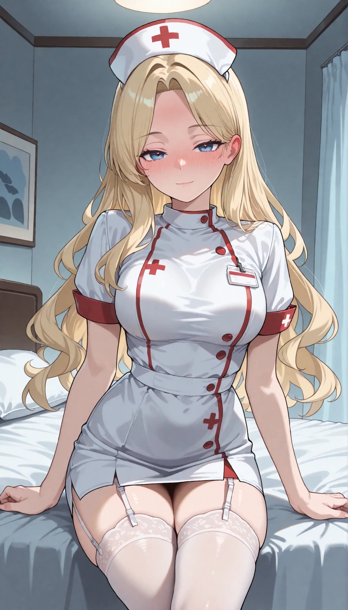 ( top quality), ( more), ( best picture ), ( masterpiece), detail line art, anime style, vivid color, beautiful mature Anglo-Saxon woman with feminine body, sharp jawline , perfect body ratio, very small hair , very small face, perfect anatomy on the genitals, anatomically accurate, ideal proportions body proportions , The body is perfect, perfect style, Perfect balance, haebuhagjeog-eulo olbaleun , beautiful detailed women , VERY DETAILED eyes and face , bright blue eyes , realistic beautiful face, realistic beautiful eyes, big chest, slender, expressionless, (blonde hair, long wavy hair, No bangs .), (white nurse costume cosplay, short skirt from Par, nurse hat , garter belt), sitting cross-legged on a bed in a beautiful hotel, lovely expression , light smile, full face blush. The viewpoint is the viewer. clavicle.
