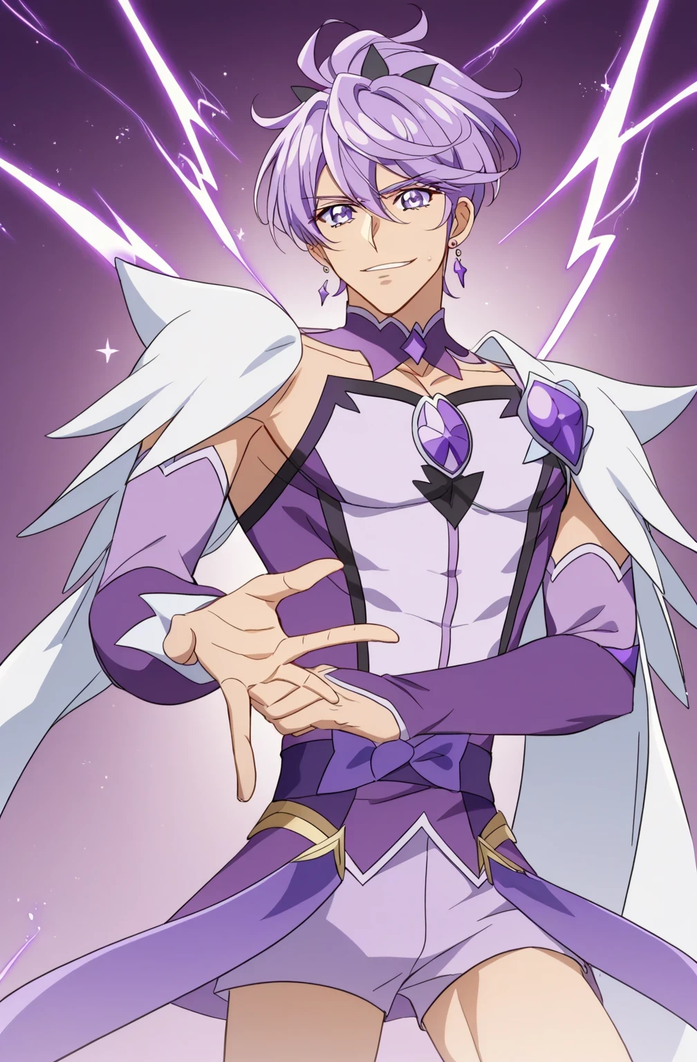 score 9 、score 8 up、score 7 up、source anime、 Masterpiece、 best quality、high resolution、anime coloring、1boy 、Cure Sword、(male:1.55)、close-up of a boy cartoon character with purple hair、high short ponytail hair、spade shape hair ornament、Alone、portrait of Magic Boy、 Boy in a White and Purple Dress 、isolated、Long Legged 、Heavenly Aura、Lightning Aura、 White and Purple Miniskirt 、white shoulder pats、 purple arm warmers、purple detached sleeves、purple waist bow、Bare legs、 Bare Thighs 、 purple thigh-high boots 、masculinization、 Symphogear Flavor 、 Boy with Short Light Purple Hair 、 Prince of Amethysts 、 official character art 、style of Magic Boy、Magic Boy、 Anime Boy 、Official art、high resolution、perfect costume、sparkling Magic Boy、(manly:1.55)、With Sparkling Purple Eyes 、perfect body、perfect hands、perfect arms、perfect legs、 male focus、looking at viewer、Alone focus、cowboy shot、(male body:1.55)、beefcake style、purple background、