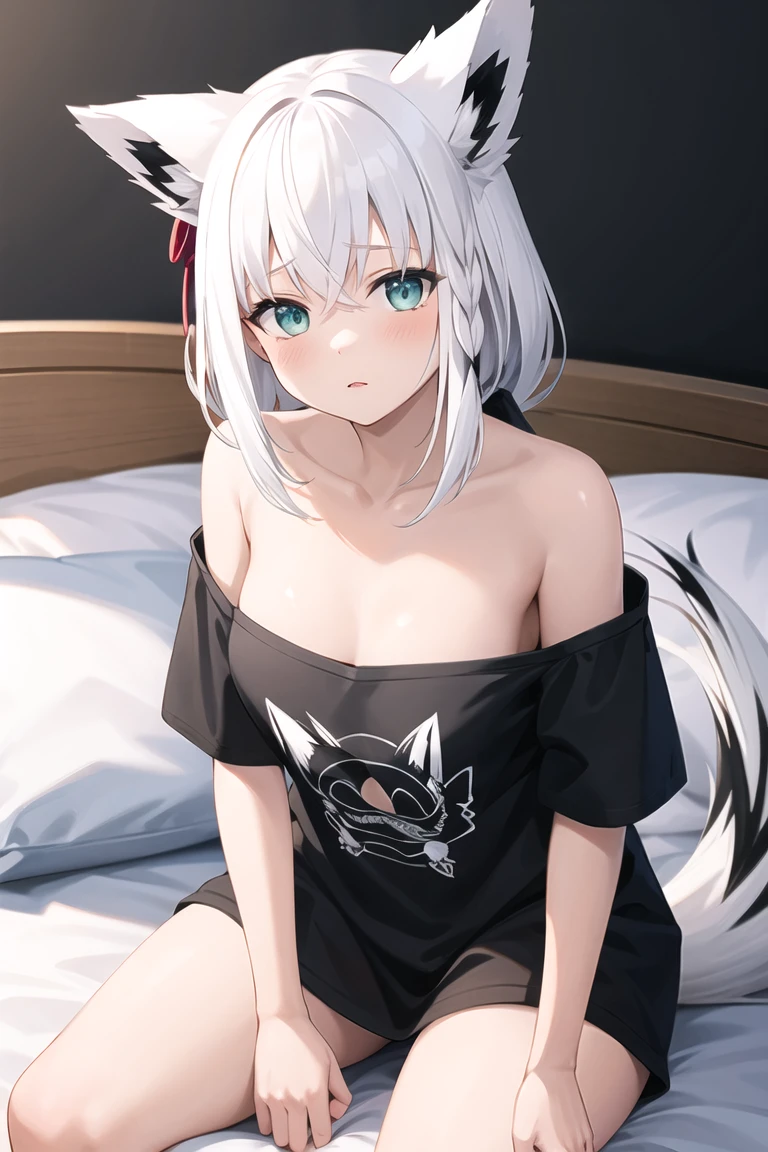 ,Highest quality,Silver Hair,Lion tail,Lion ears,Purple Eyes,Very short hair,Straight Hair,Flat breasts,Slanted Eyes,Bedroom,On the bed,slender,