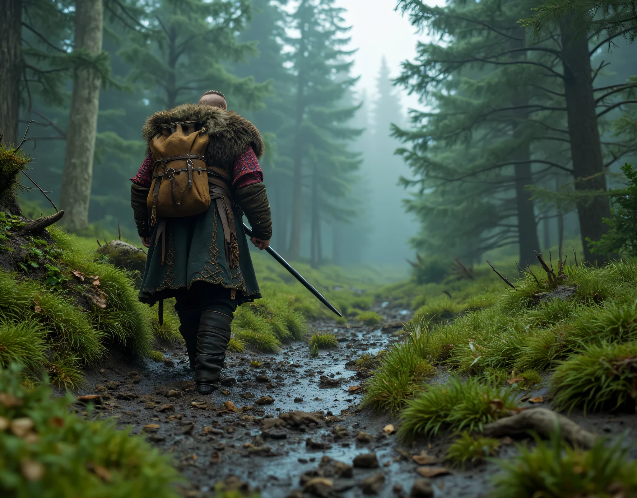 **Prompt:** Create a mesmerizing and intricately detailed deep forest landscape that transports the viewer to medieval Northern Europe. Illustrate a Viking traveler, clad in an authentic medieval tunic, trudging along a muddy path that winds through the verdant forest. His ancient sack bag, filled with supplies from his long journey, hangs at his side. Emphasize hyper-realism in your composition, capturing the atmospheric details of the dense trees and the soft, damp earth beneath his feet. Utilize a sweeping panoramic ultra-wide angle to immerse the audience in a documentary-like scene, where each element tells a story. Highlight the Viking traveler’s accurately designed tunic, showcasing the intricate patterns and rich fabrics typical of that era. Use dynamic leading lines to naturally guide the viewer's eye throughout the composition, contrasting the vibrant UHD color palette against the rugged surroundings. Pay meticulous attention to the anatomy of the Viking, showcasing both strength and determination in his posture as he navigates the forest's challenges. As the perspective zooms out, maintain the character’s authenticity and depth. Employ state-of-the-art 3D CGI textures to breathe life into your artwork, crafting a stunning FantasyPunkAi piece that truly encapsulates the spirit of adventure and the resilience of the Vikings against the backdrop of Northern Europe’s enchanting landscapes.