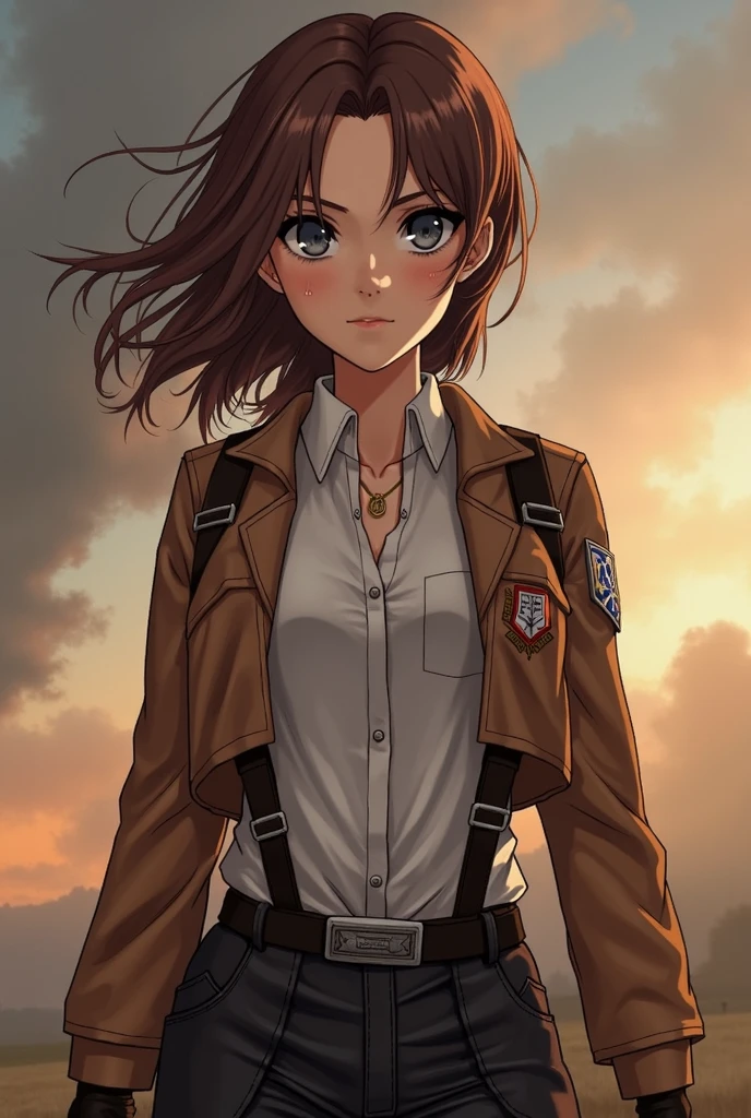 Character: Daira Harsen – a skilled combat medic of the Survey Corps, known for her cold demeanor and quiet strength.
Facial Features:
• Oval face, fair skin, slight fatigue marks.
• Piercing gray-blue eyes, observant, framed by dark lashes.
• Thin, well-defined eyebrows, slightly furrowed.
• Small, slightly upturned nose.
• Full lips, neutral expression; dimple appears when smiling.
• Chin with a distinct dimple.
• Beauty marks: below lip, near left eye, on neck/collarbone, forming a constellation-like pattern.
Hair:
• Chestnut brown, slightly wavy, silky yet tousled.
• Side part with loose strands framing face.
Longer than shoulder
Survey Corps Uniform:
• Brown cropped jacket, Wings of Freedom insignia.
• White button-up shirt, top buttons undone.
• Black leather harness & straps, fitted dark pants, knee-high boots.
• Optional: Fingerless black gloves, ODM gear.
Mood & Setting:
• Serious, unreadable gaze, hidden warmth beneath.
• Background: Battlefield smoke, sunset glow, or medical barrack.
• Lighting: Soft, natural, subtle shadows.
A semi-realistic portrait, capturing her striking yet cold beauty in the Attack on Titan universe.